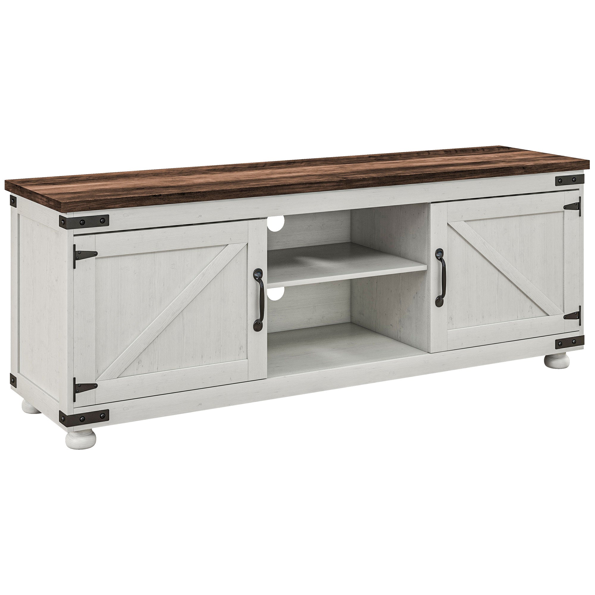 Farmhouse TV Stand - Minimalist Barn Doors, Cable Management, Distressed White, 65" TV-DECOROLALA