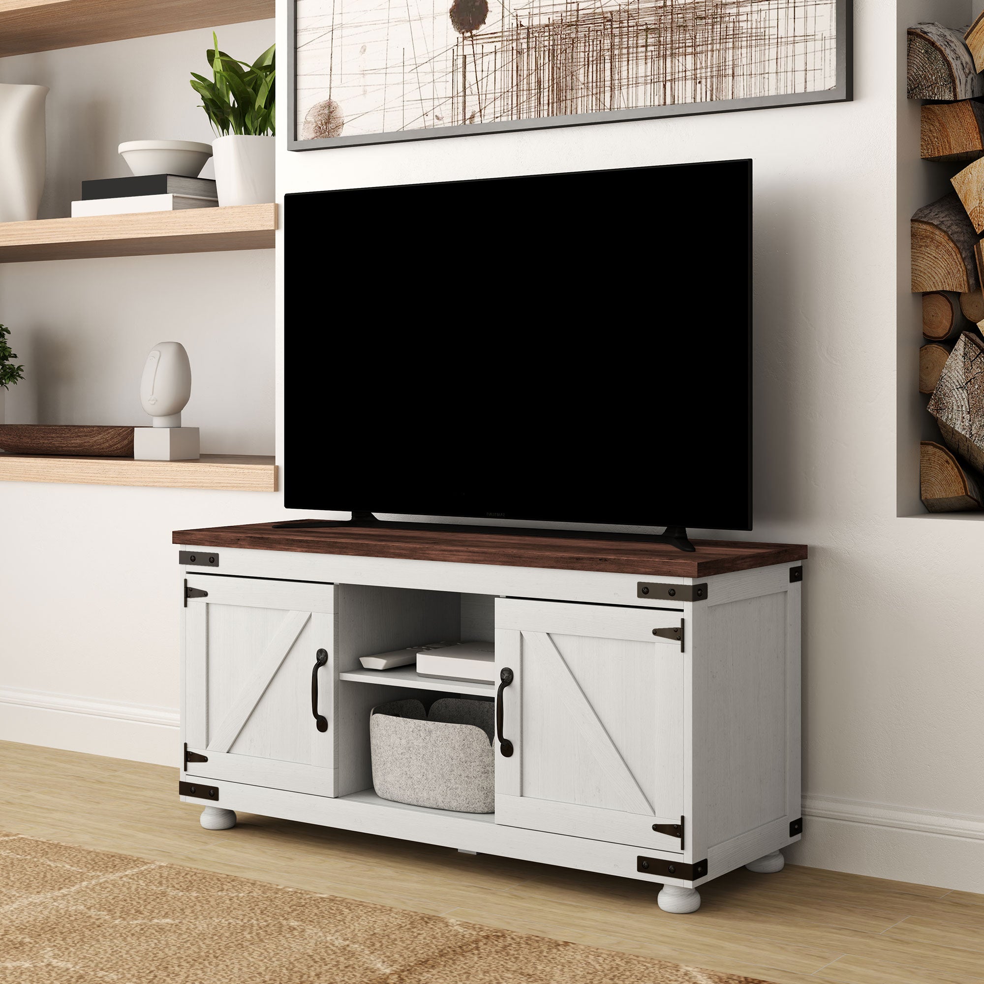Farmhouse TV Stand for 50" TV - Distressed White 43"-DECOROLALA