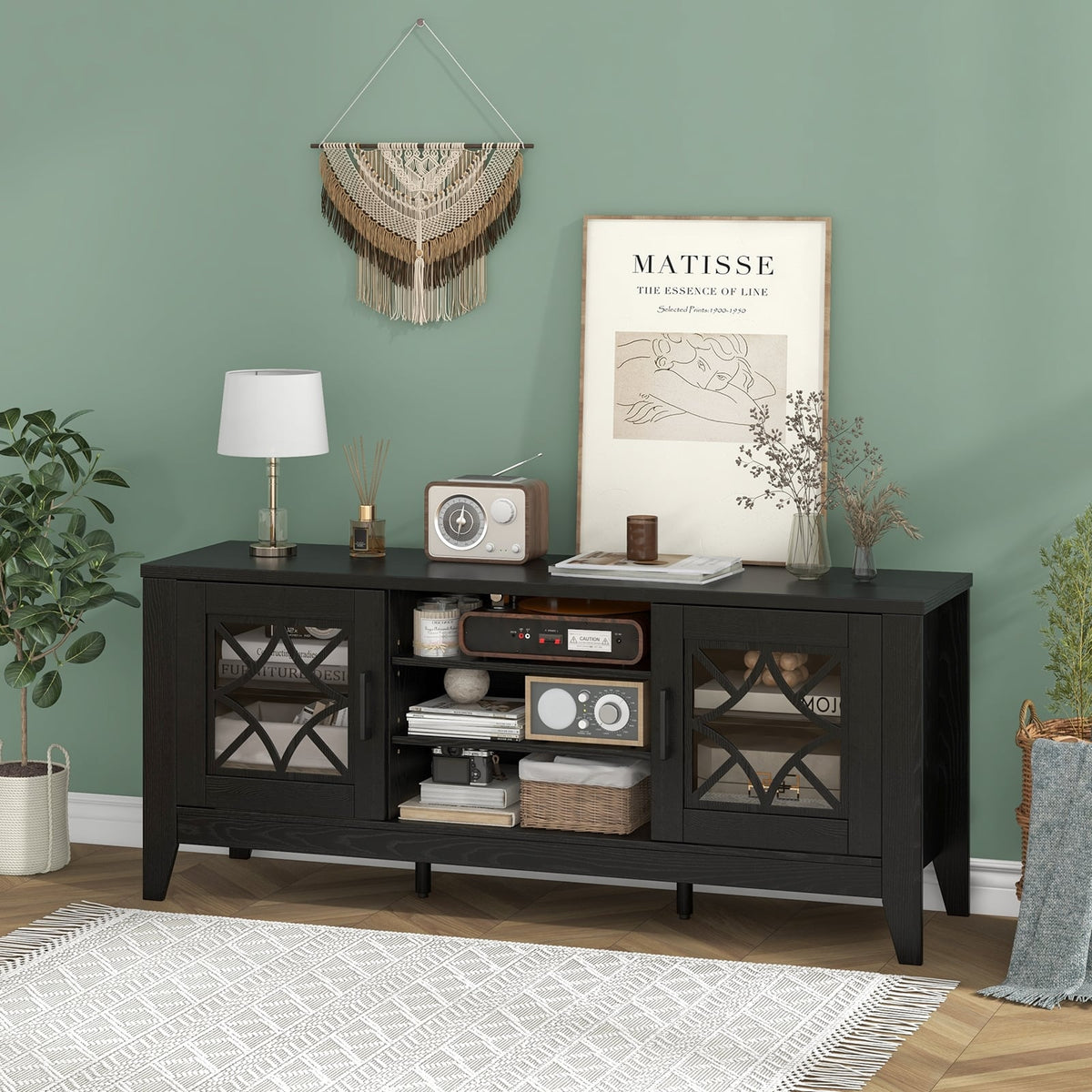 Farmhouse TV Stand for TVs Up to 65 Inches 4 Adjustable Shelves-Black-Entertainment Centers & TV Stands-DECOROLALA