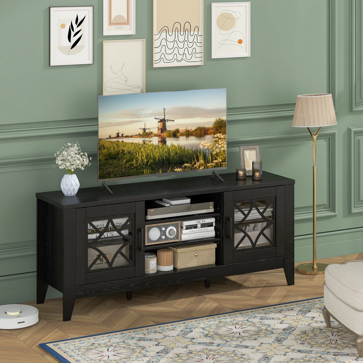 Farmhouse TV Stand for TVs Up to 65 Inches 4 Adjustable Shelves-Black-Entertainment Centers & TV Stands-DECOROLALA