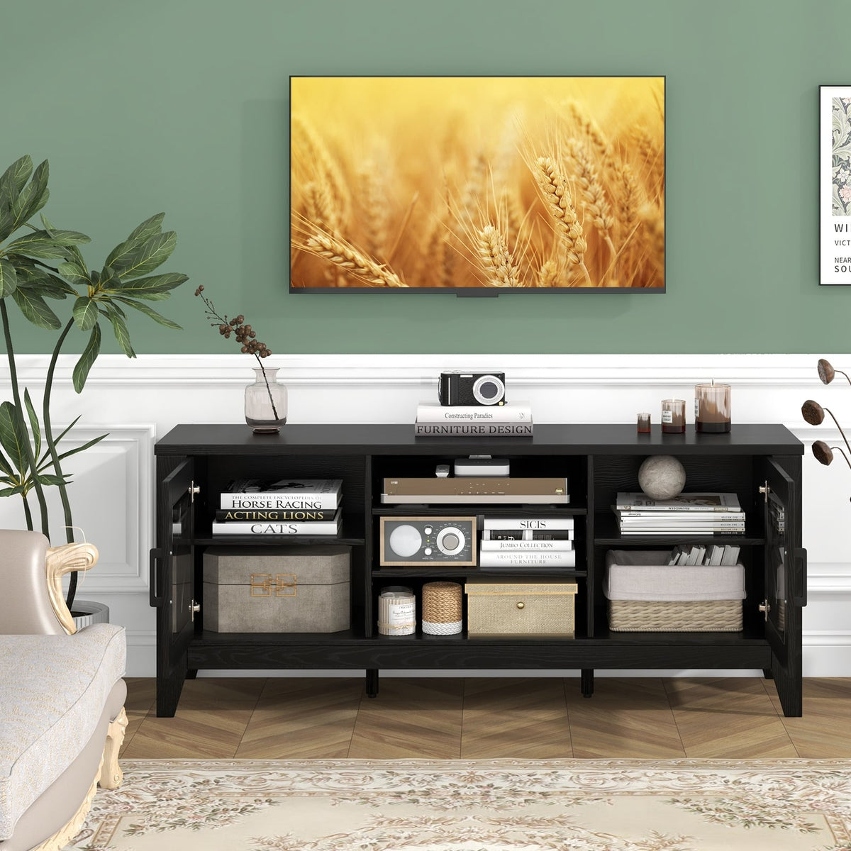 Farmhouse TV Stand for TVs Up to 65 Inches 4 Adjustable Shelves-Black-Entertainment Centers & TV Stands-DECOROLALA