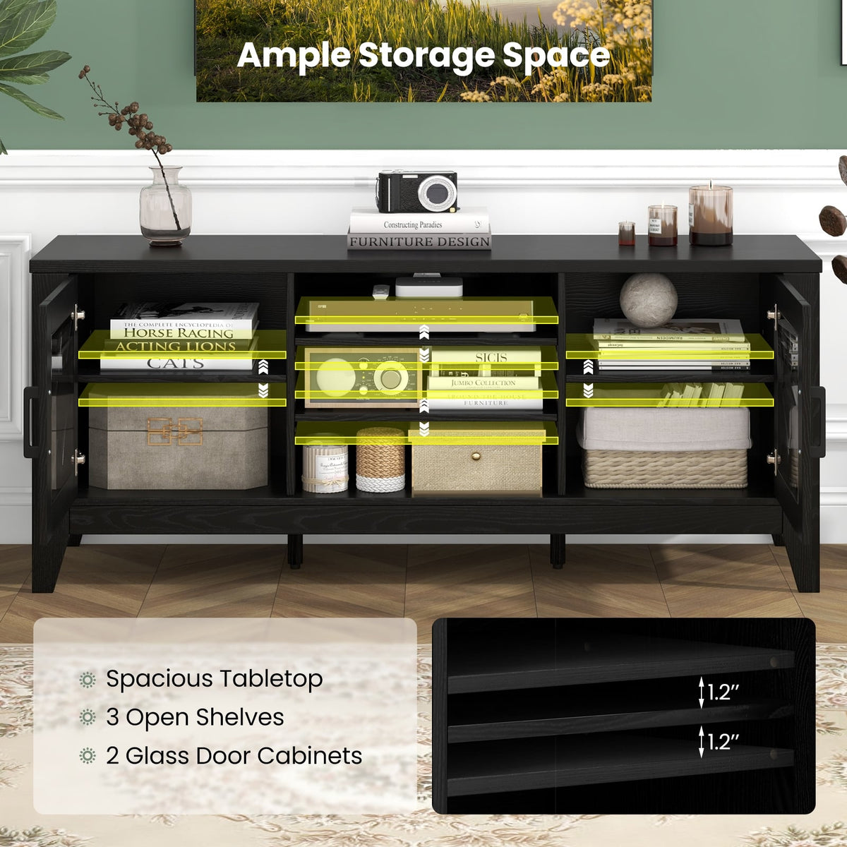 Farmhouse TV Stand for TVs Up to 65 Inches 4 Adjustable Shelves-Black-Entertainment Centers & TV Stands-DECOROLALA