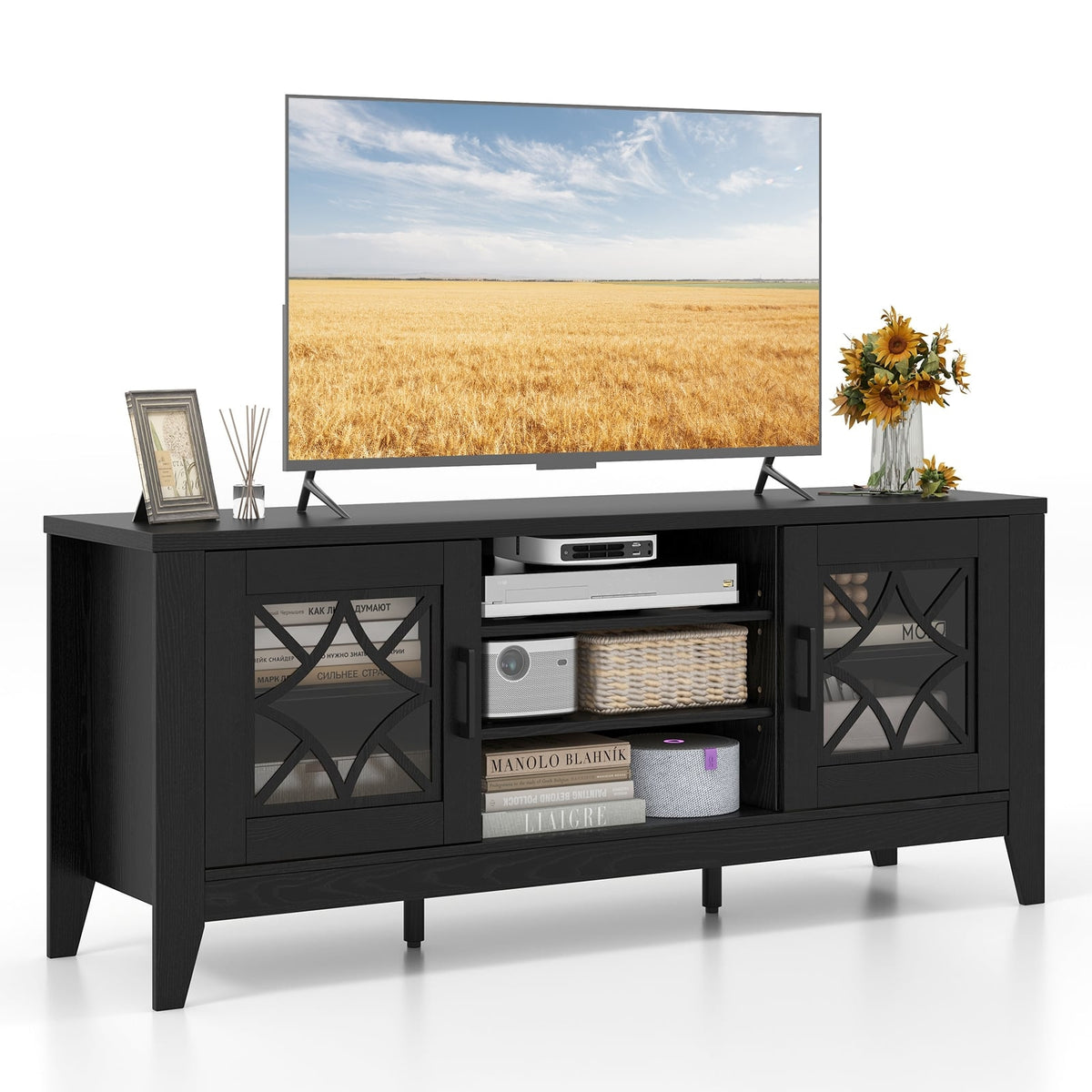 Farmhouse TV Stand for TVs Up to 65 Inches 4 Adjustable Shelves-Black-Entertainment Centers & TV Stands-DECOROLALA