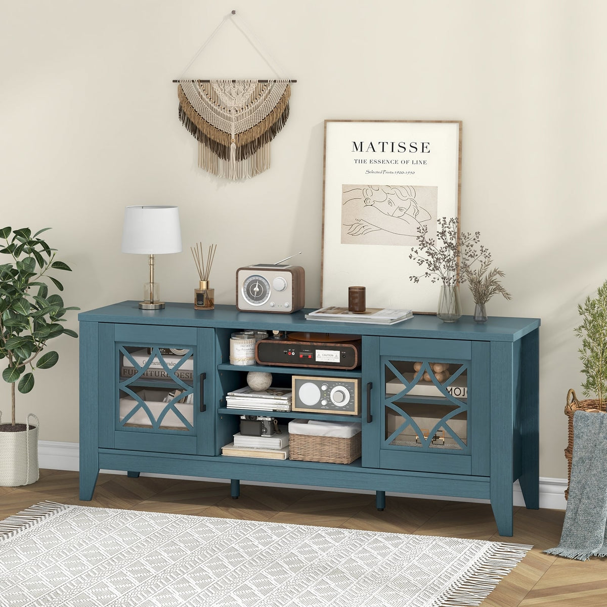 Farmhouse TV Stand for TVs Up to 65 Inches 4 Adjustable Shelves-Teal Blue-Entertainment Centers & TV Stands-DECOROLALA