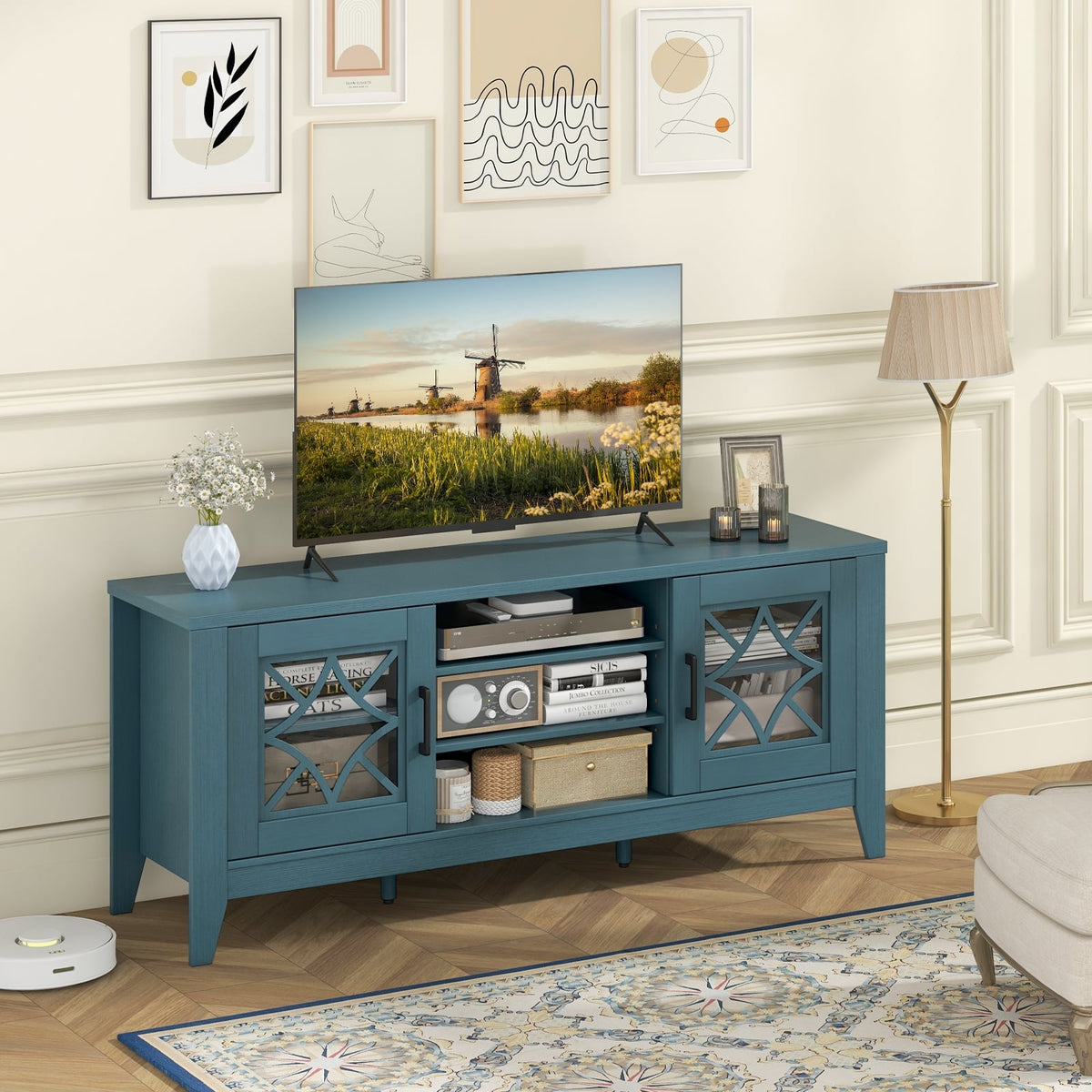 Farmhouse TV Stand for TVs Up to 65 Inches 4 Adjustable Shelves-Teal Blue-Entertainment Centers & TV Stands-DECOROLALA