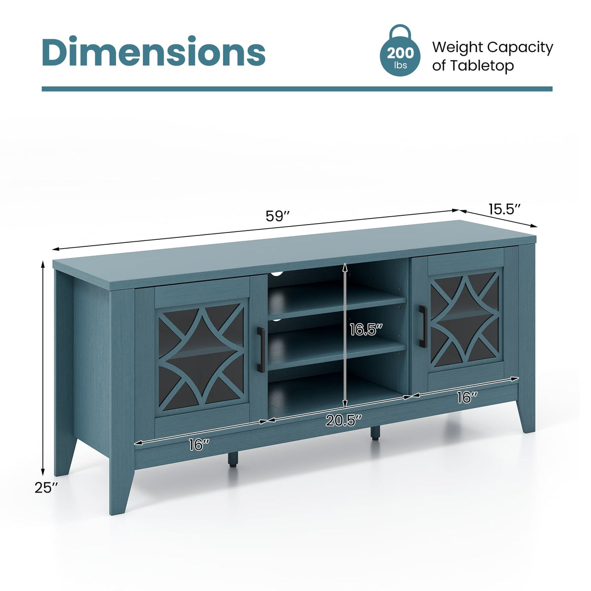 Farmhouse TV Stand for TVs Up to 65 Inches 4 Adjustable Shelves-Teal Blue-Entertainment Centers & TV Stands-DECOROLALA