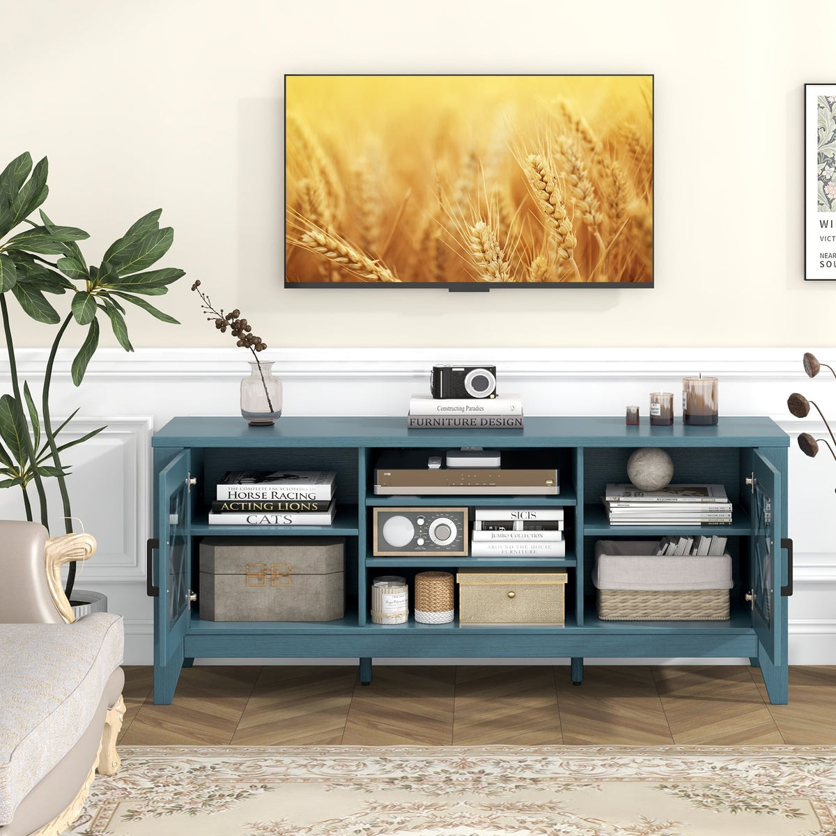 Farmhouse TV Stand for TVs Up to 65 Inches 4 Adjustable Shelves-Teal Blue-Entertainment Centers & TV Stands-DECOROLALA