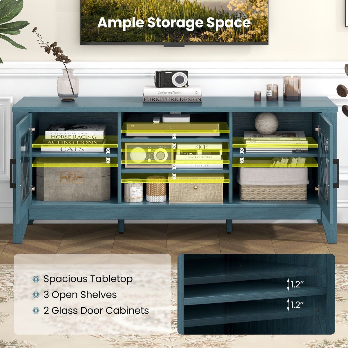 Farmhouse TV Stand for TVs Up to 65 Inches 4 Adjustable Shelves-Teal Blue-Entertainment Centers & TV Stands-DECOROLALA