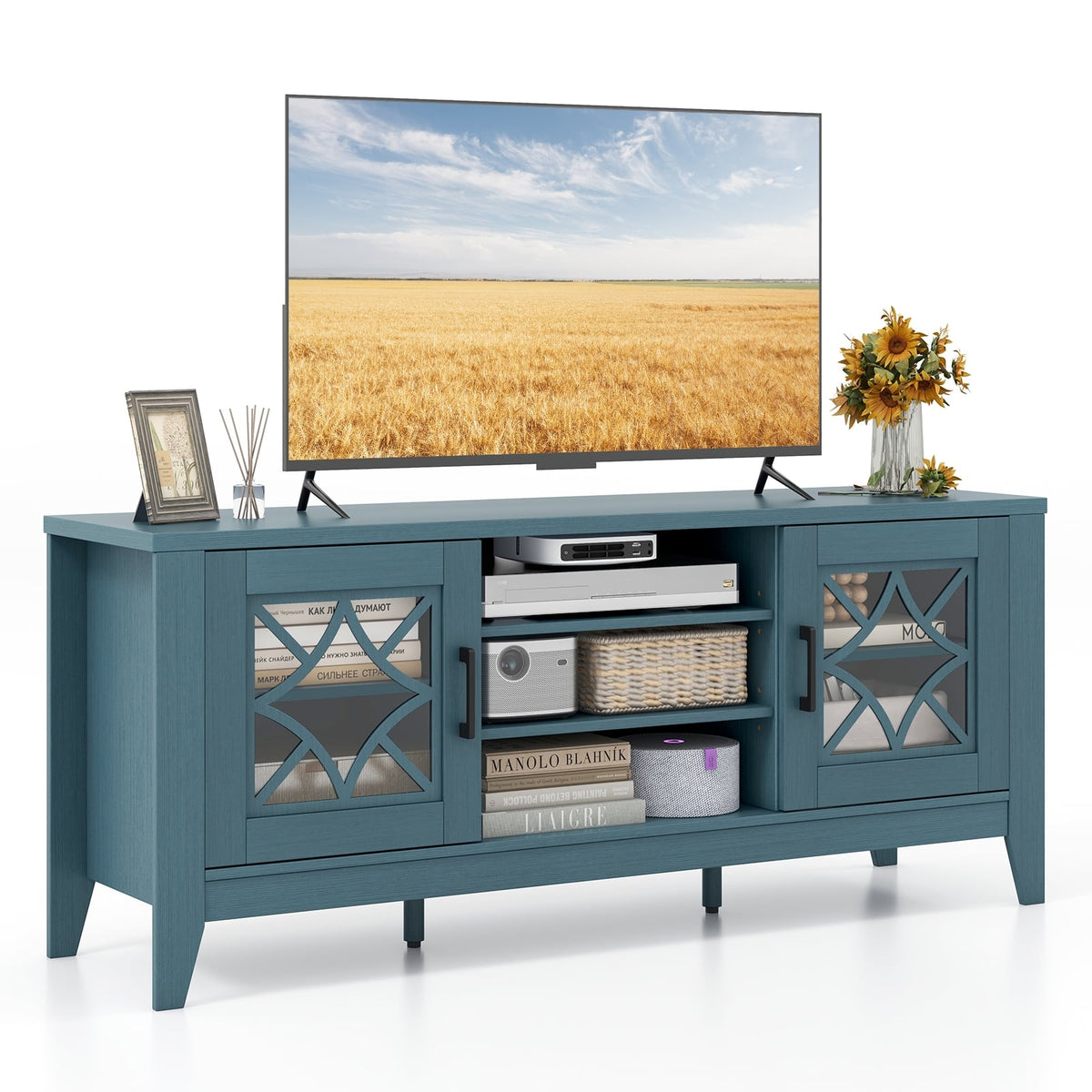 Farmhouse TV Stand for TVs Up to 65 Inches 4 Adjustable Shelves-Teal Blue-Entertainment Centers & TV Stands-DECOROLALA