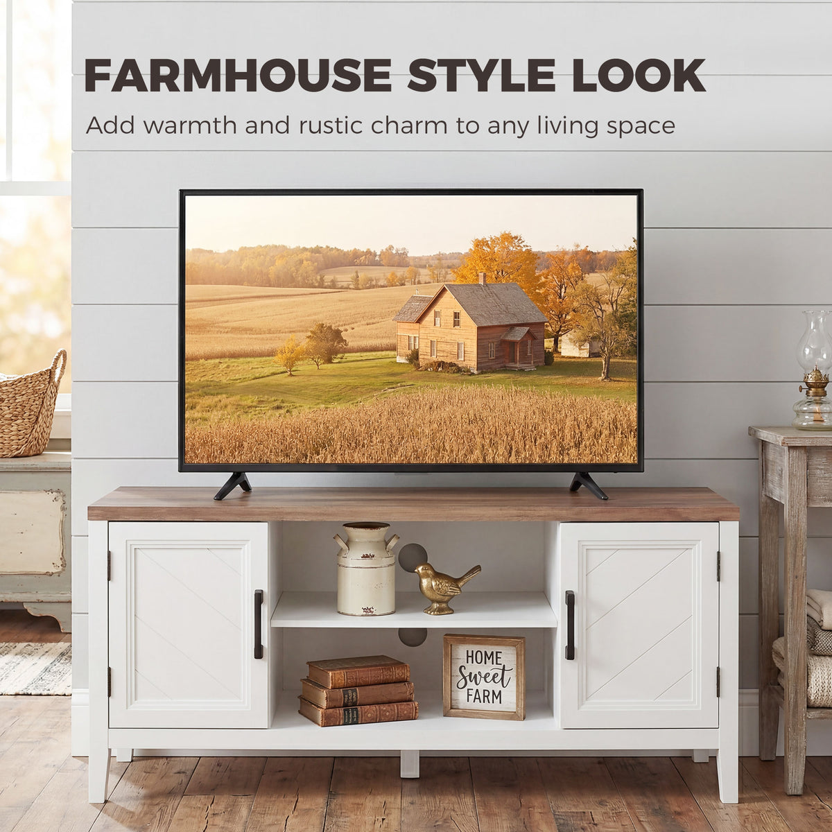 Farmhouse TV Stand for TVs up to 55" - White and Brown-Home Furnishings > Living Room Furniture > TV¬†Stands-DECOROLALA