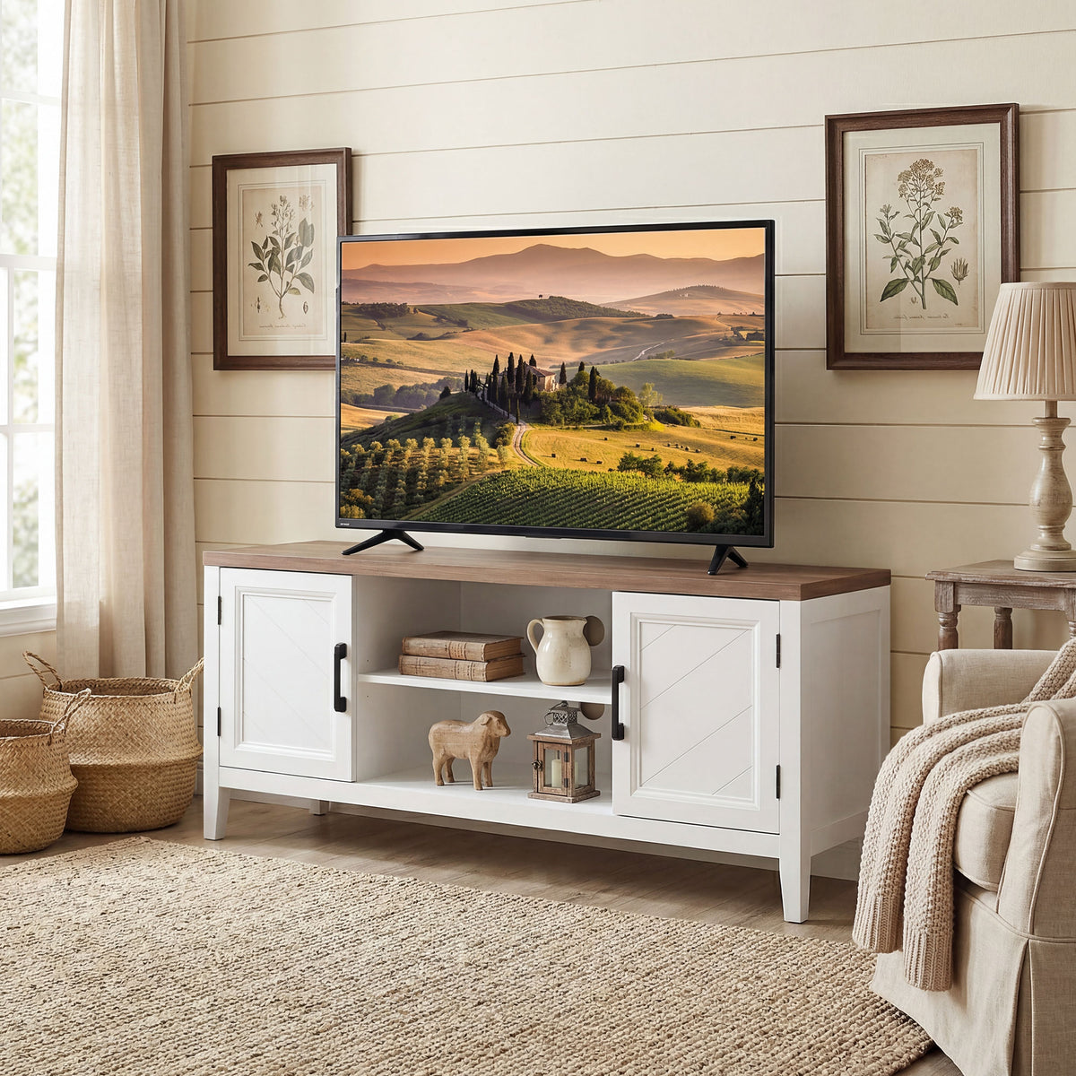 Farmhouse TV Stand for TVs up to 55" - White and Brown-Home Furnishings > Living Room Furniture > TV¬†Stands-DECOROLALA