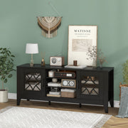 Farmhouse TV Stand for TVs up to 65" with Glass Doors - Black-Entertainment Centers & TV Stands-DECOROLALA