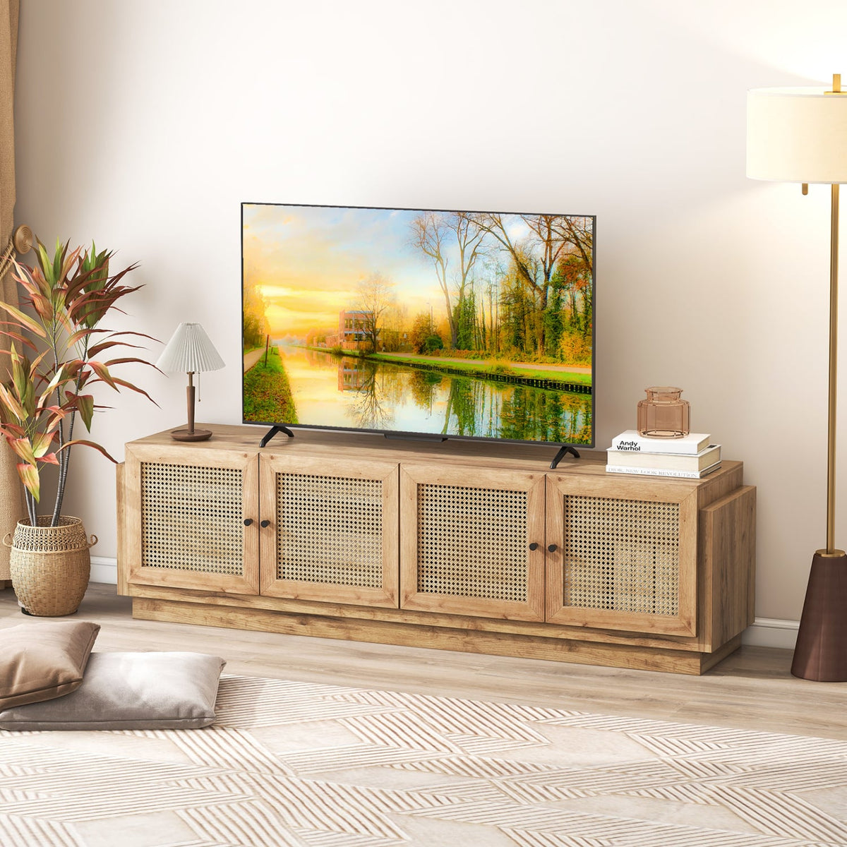Farmhouse TV Stand for TVs up to 75 Inches with 2 Cabinets-Oak-Entertainment Centers & TV Stands-DECOROLALA
