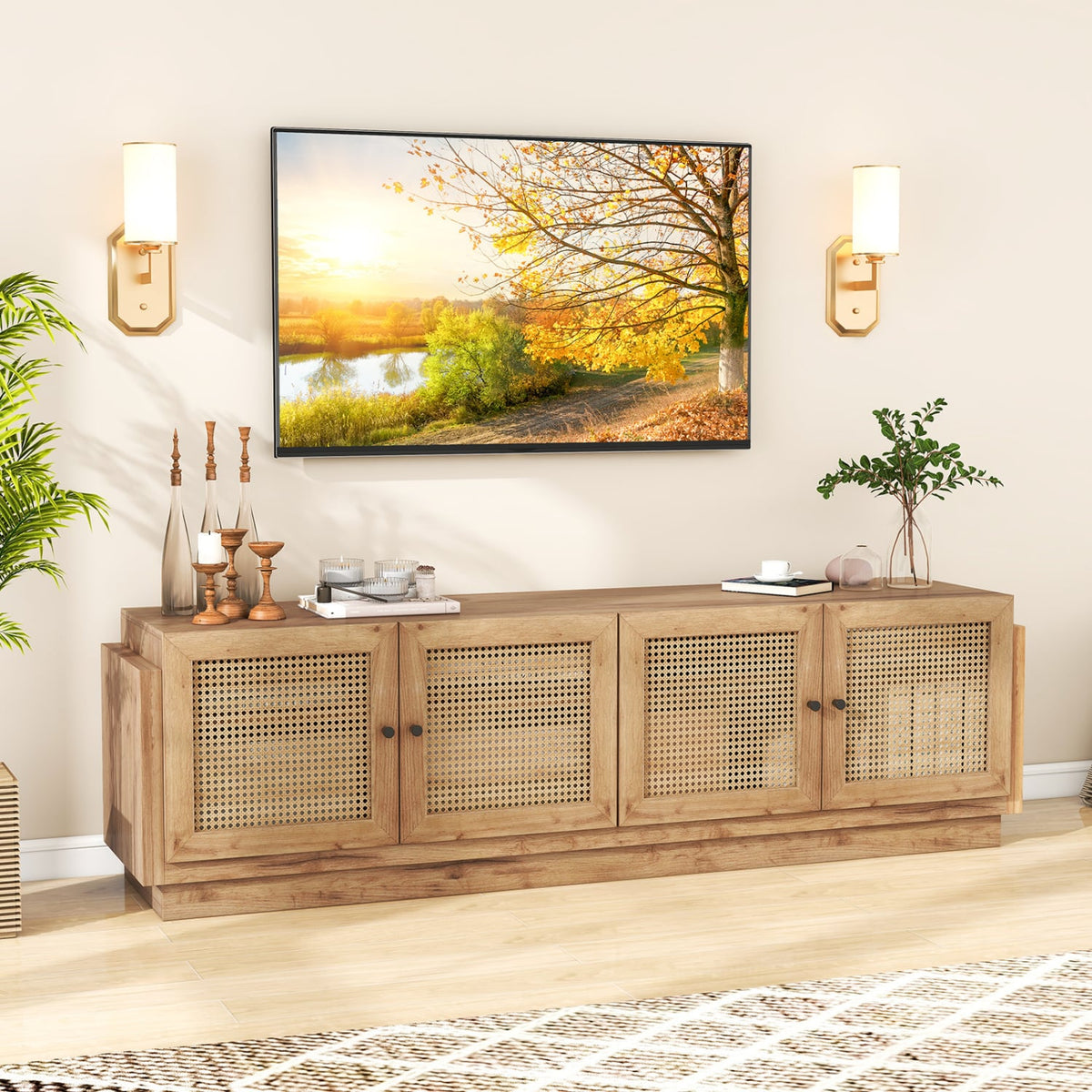 Farmhouse TV Stand for TVs up to 75 Inches with 2 Cabinets-Oak-Entertainment Centers & TV Stands-DECOROLALA