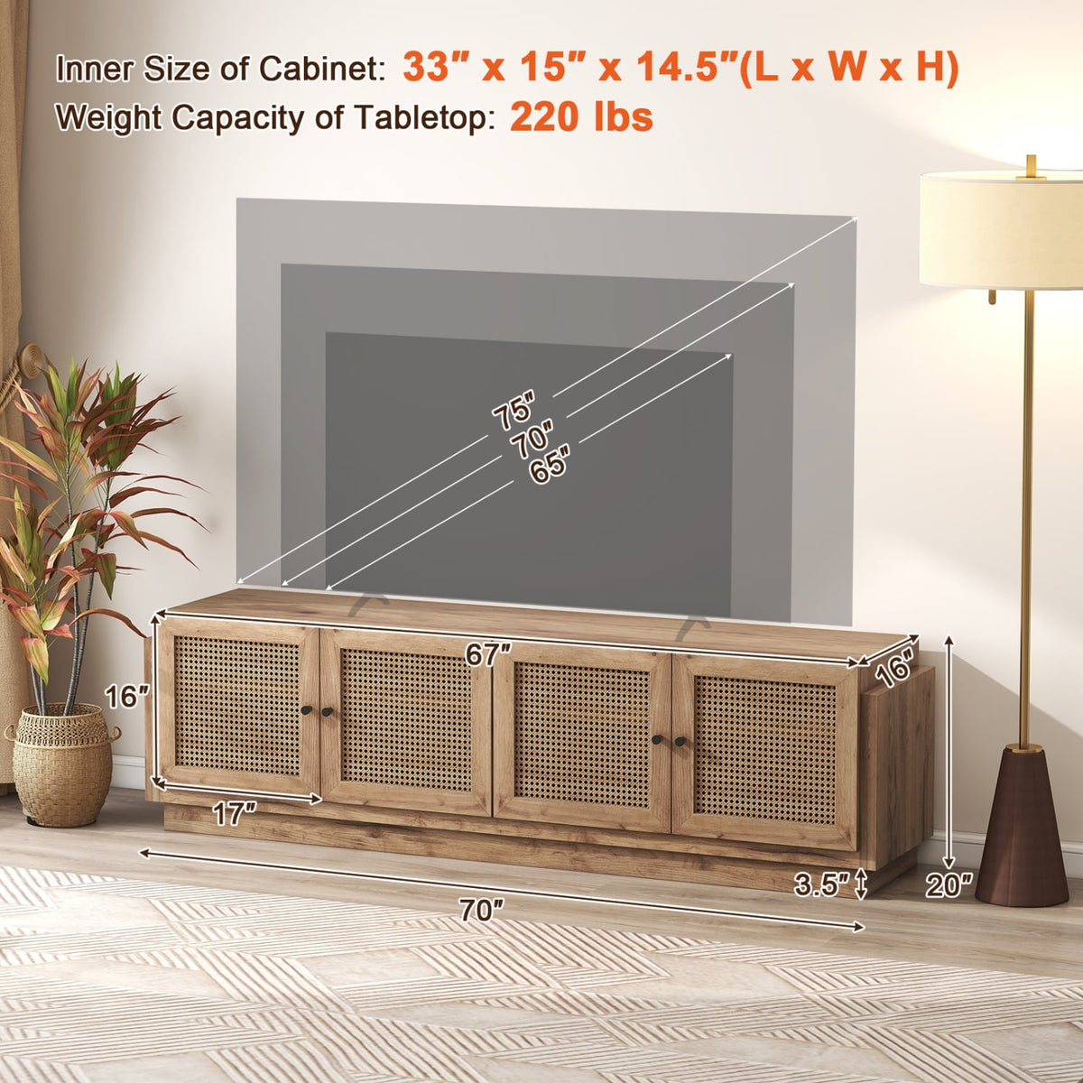 Farmhouse TV Stand for TVs up to 75 Inches with 2 Cabinets-Oak-Entertainment Centers & TV Stands-DECOROLALA