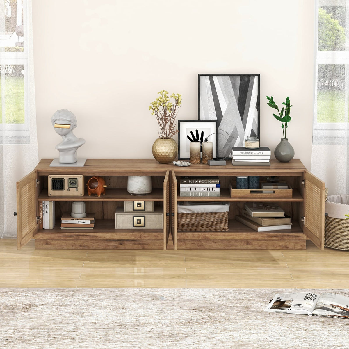 Farmhouse TV Stand for TVs up to 75 Inches with 2 Cabinets-Oak-Entertainment Centers & TV Stands-DECOROLALA