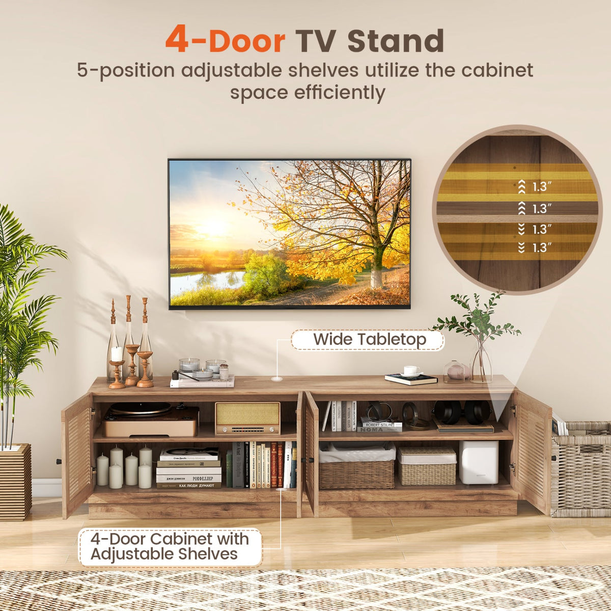 Farmhouse TV Stand for TVs up to 75 Inches with 2 Cabinets-Oak-Entertainment Centers & TV Stands-DECOROLALA