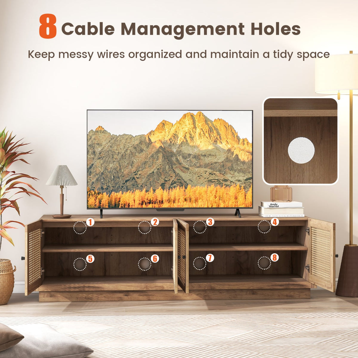 Farmhouse TV Stand for TVs up to 75 Inches with 2 Cabinets-Oak-Entertainment Centers & TV Stands-DECOROLALA