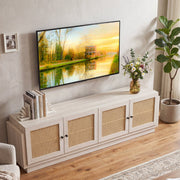 Farmhouse TV Stand for TVs up to 75" with Rattan Doors - White-Entertainment Centers & TV Stands-DECOROLALA