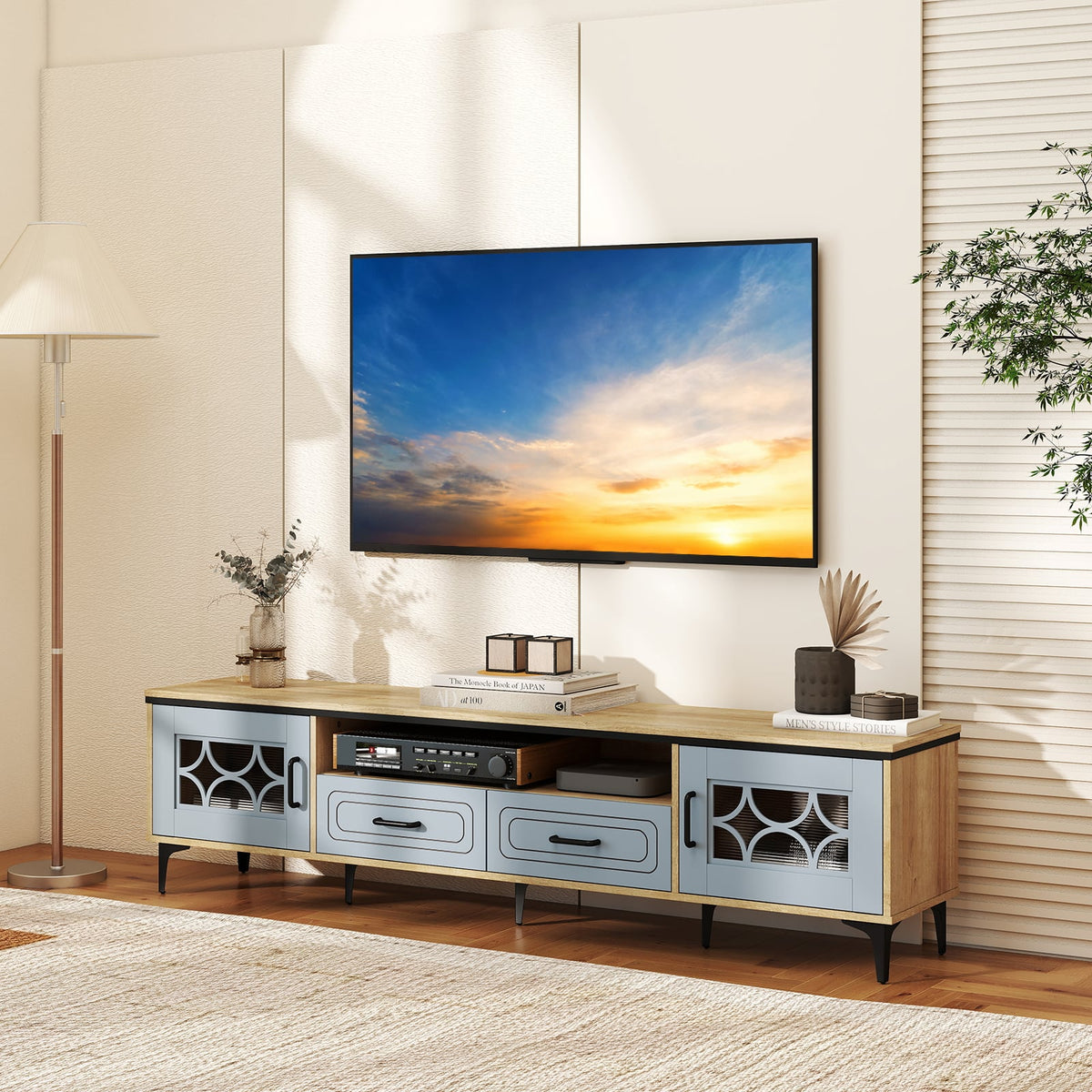 Farmhouse TV Stand for TVs up to 80 Inch - 71" Oak and Gray-Entertainment Centers & TV Stands-DECOROLALA
