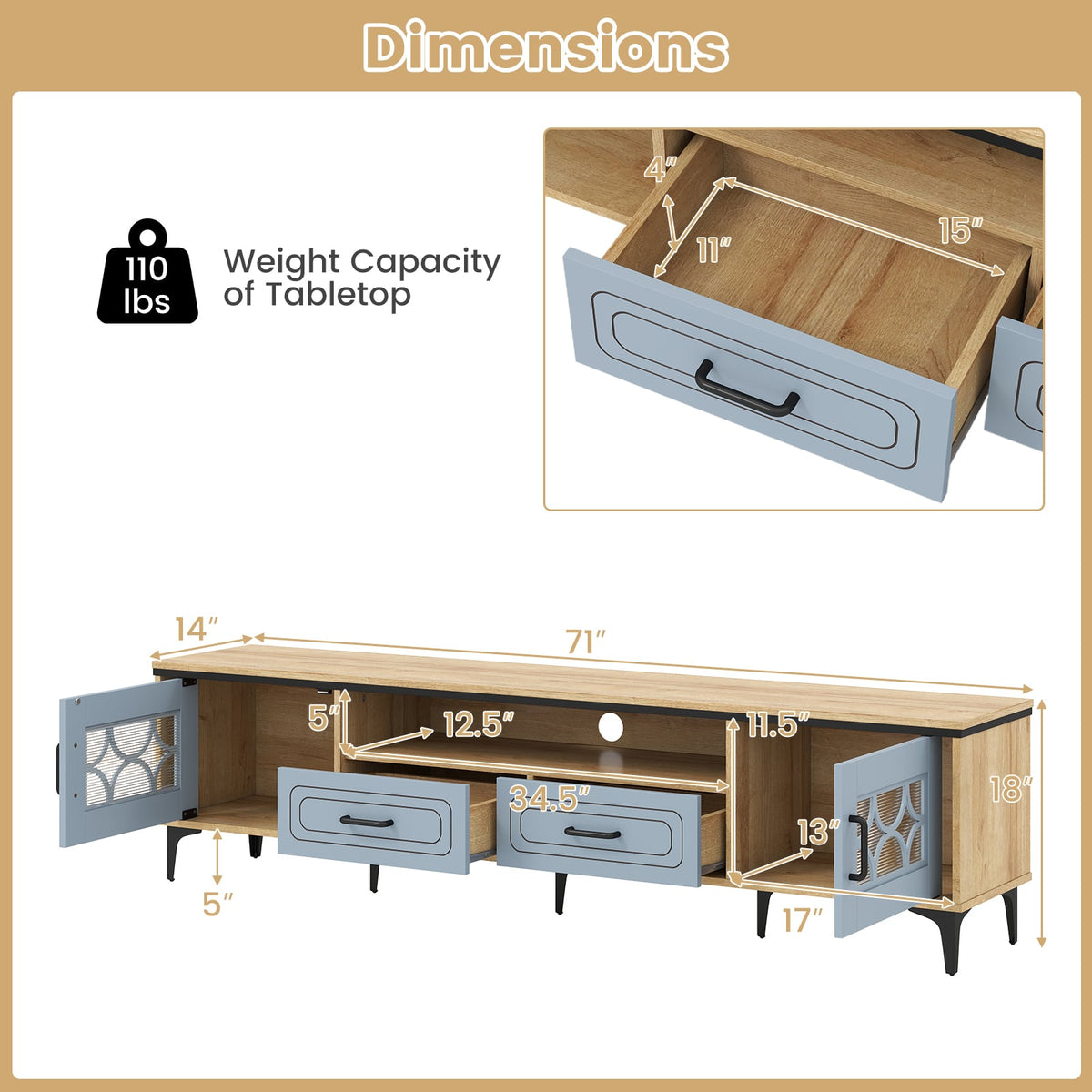 Farmhouse TV Stand for TVs up to 80 Inch - 71" Oak and Gray-Entertainment Centers & TV Stands-DECOROLALA