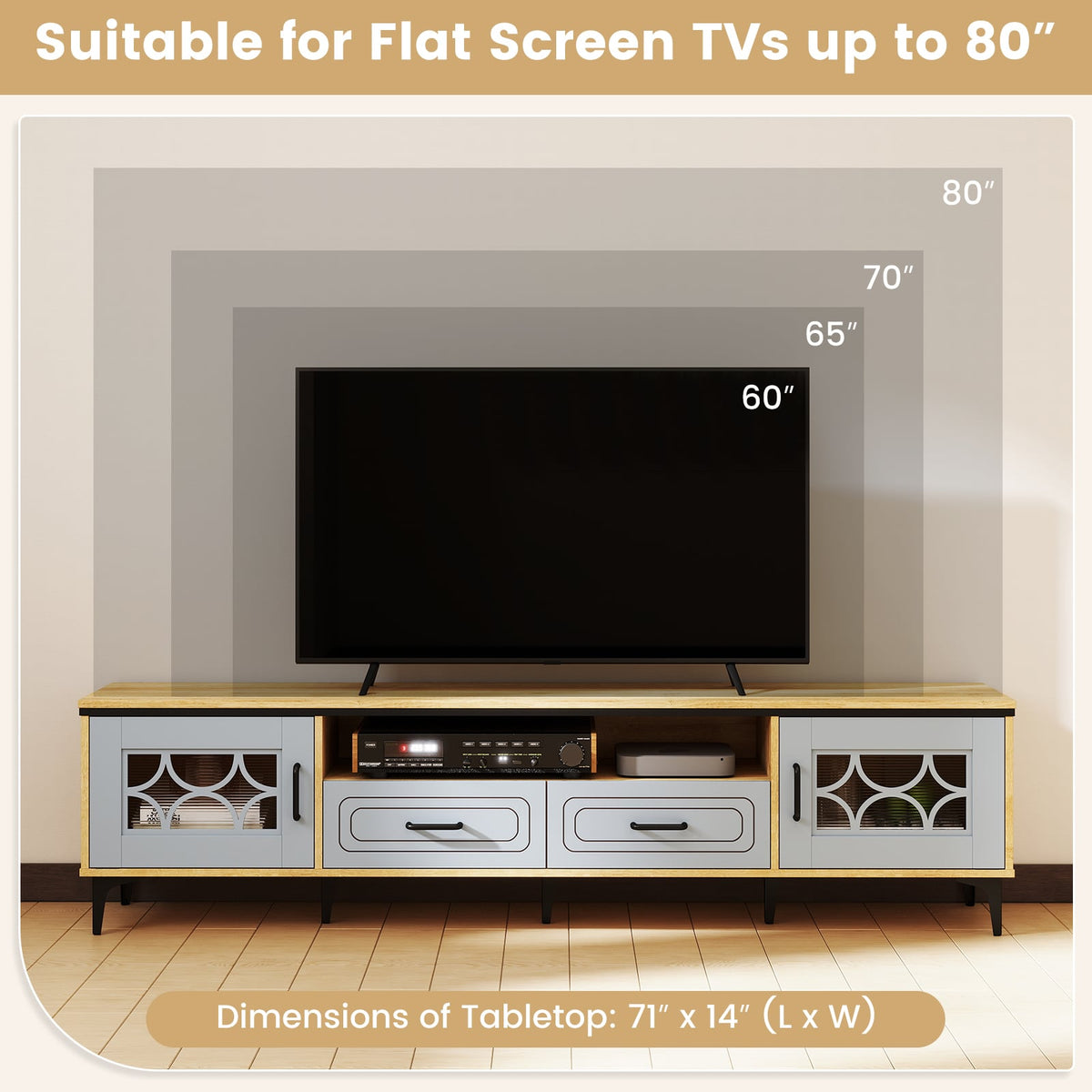 Farmhouse TV Stand for TVs up to 80 Inch - 71" Oak and Gray-Entertainment Centers & TV Stands-DECOROLALA