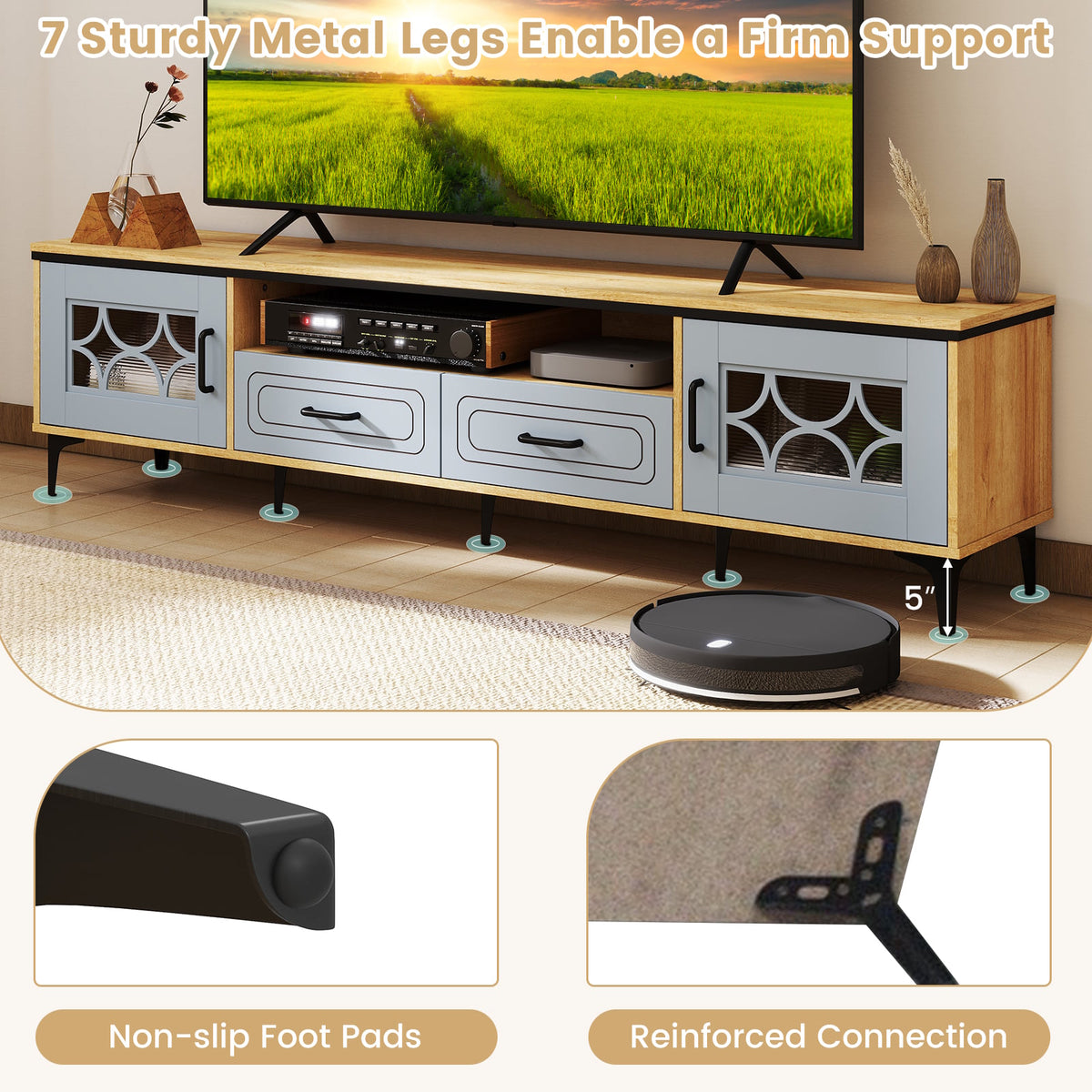 Farmhouse TV Stand for TVs up to 80 Inch - 71" Oak and Gray-Entertainment Centers & TV Stands-DECOROLALA