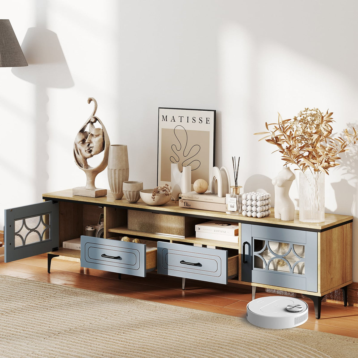 Farmhouse TV Stand for TVs up to 80 Inch - 71" Oak and Gray-Entertainment Centers & TV Stands-DECOROLALA
