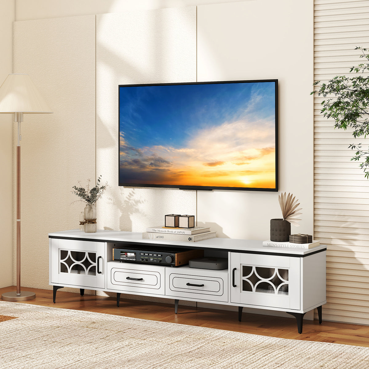 Farmhouse TV Stand for TVs up to 80 Inch - 71" White Media Console-Entertainment Centers & TV Stands-DECOROLALA