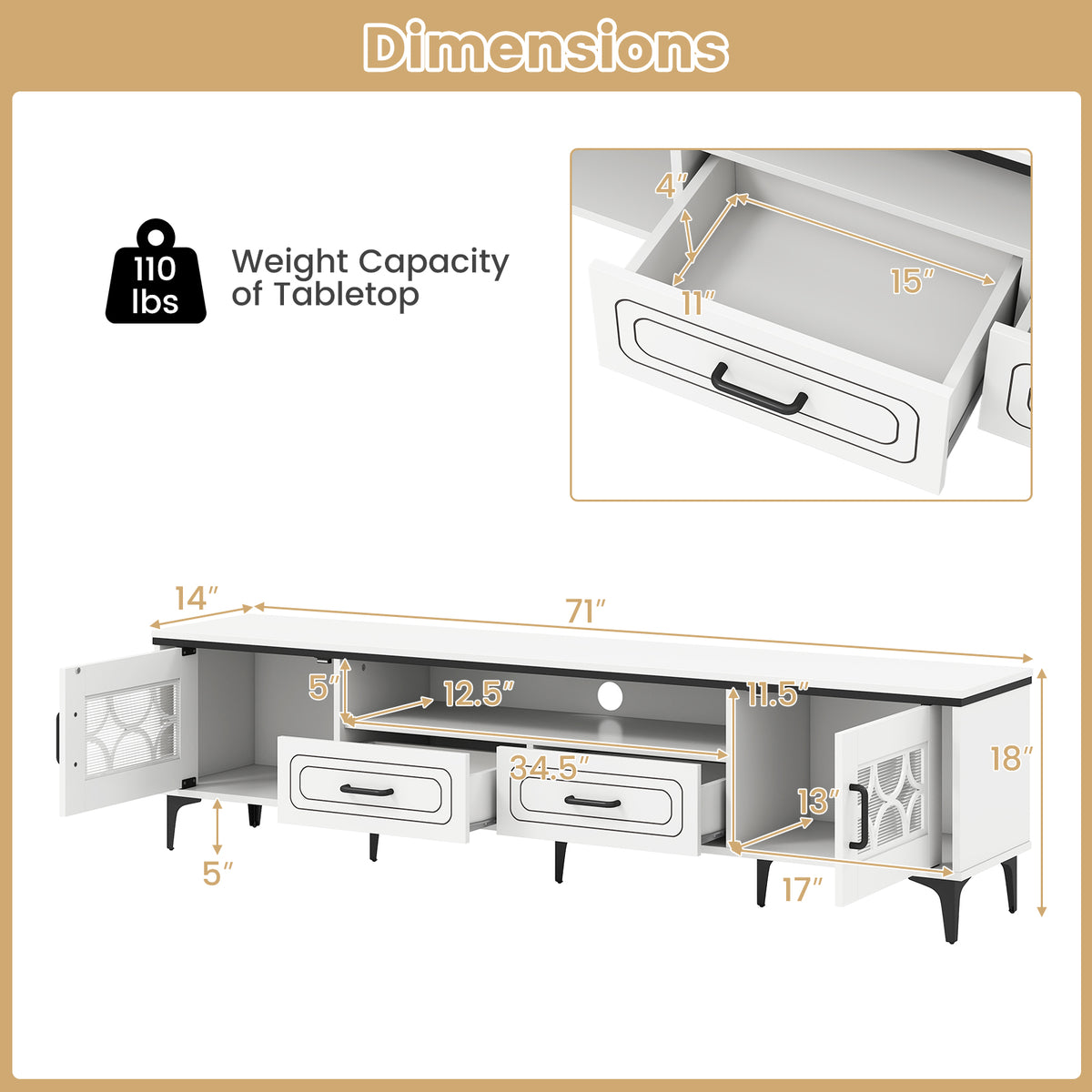Farmhouse TV Stand for TVs up to 80 Inch - 71" White Media Console-Entertainment Centers & TV Stands-DECOROLALA