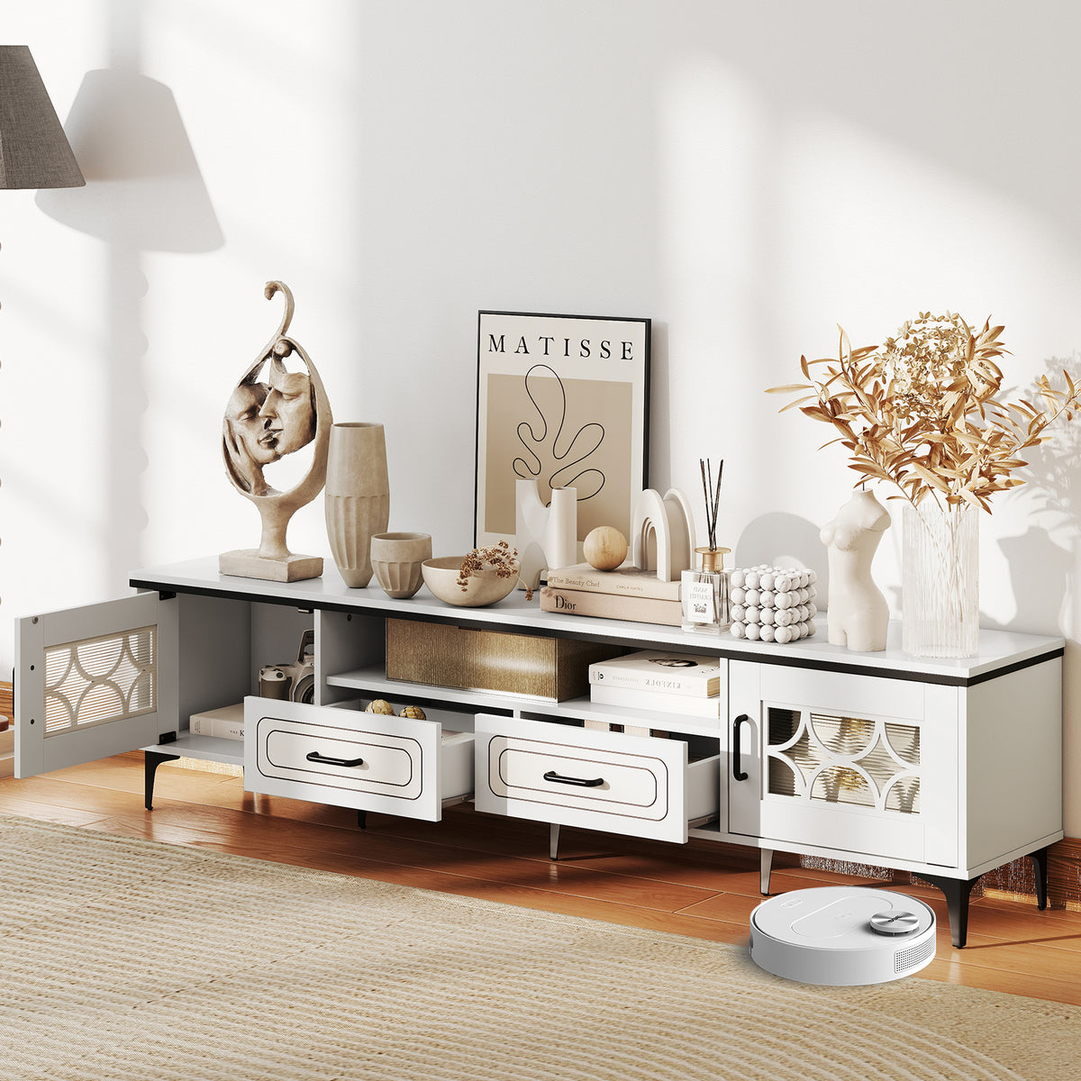 Farmhouse TV Stand for TVs up to 80 Inch - 71" White Media Console-Entertainment Centers & TV Stands-DECOROLALA