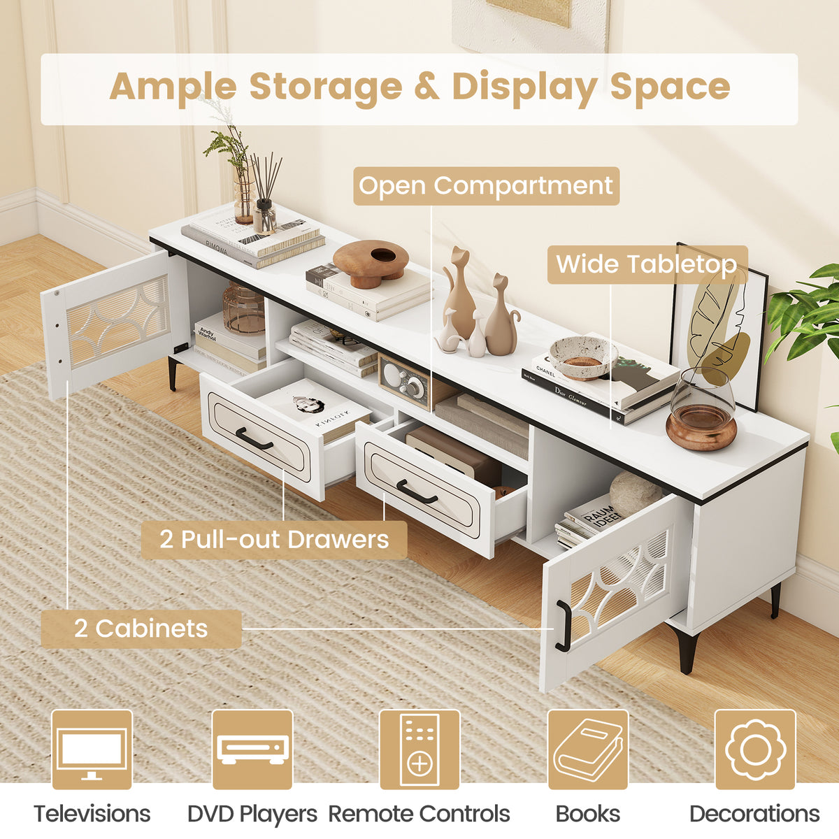 Farmhouse TV Stand for TVs up to 80 Inch - 71" White Media Console-Entertainment Centers & TV Stands-DECOROLALA