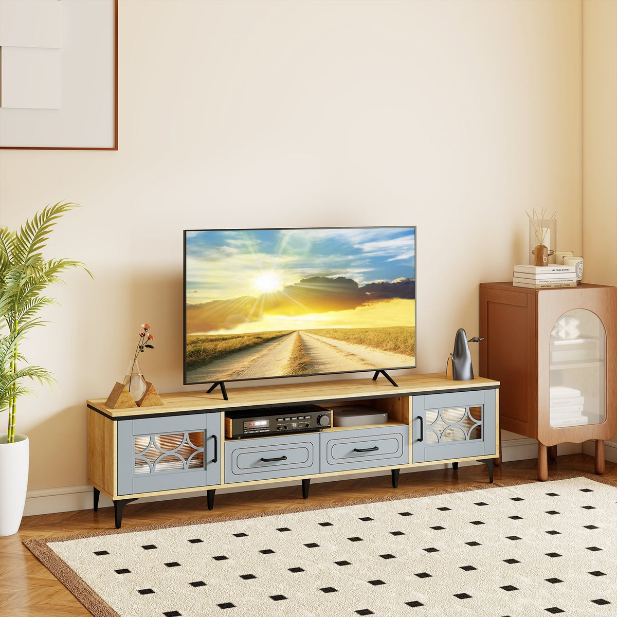 Farmhouse TV Stand for TVs up to 80 Inch with 2 Drawers-Oak and Gray-Entertainment Centers & TV Stands-DECOROLALA
