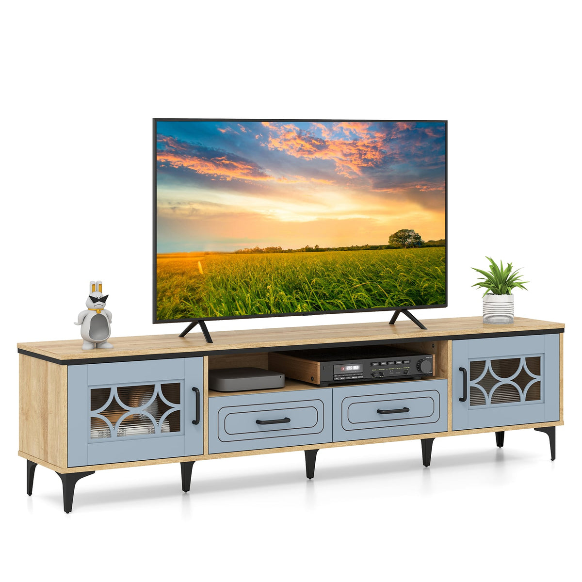 Farmhouse TV Stand for TVs up to 80 Inch with 2 Drawers-Oak and Gray-Entertainment Centers & TV Stands-DECOROLALA