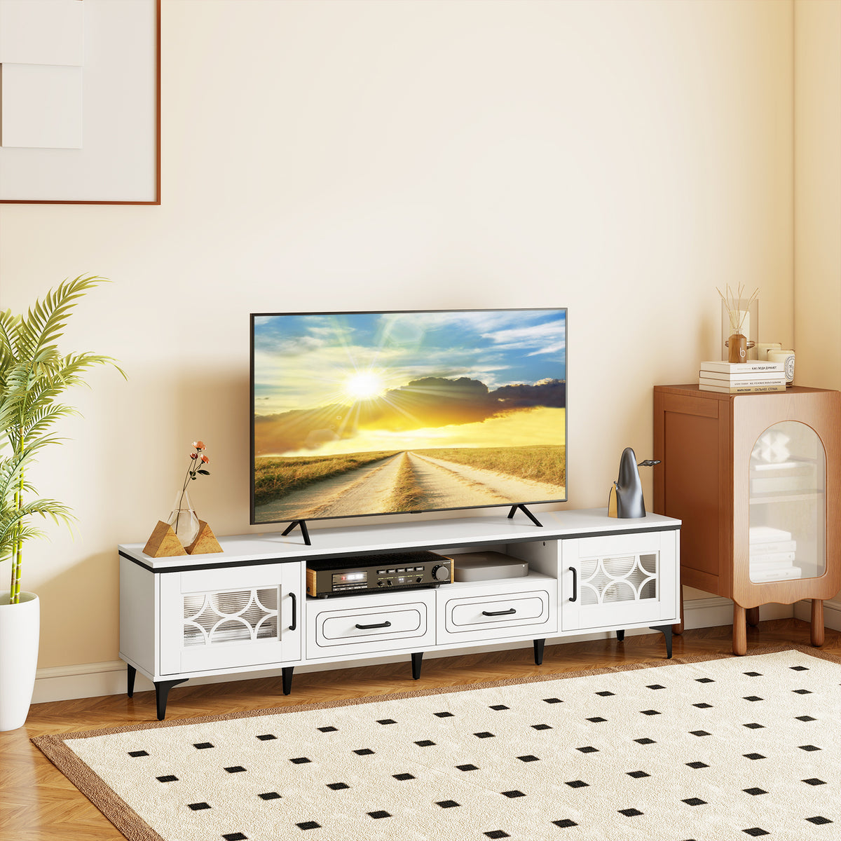 Farmhouse TV Stand for TVs up to 80 Inch with 2 Drawers-White-Entertainment Centers & TV Stands-DECOROLALA