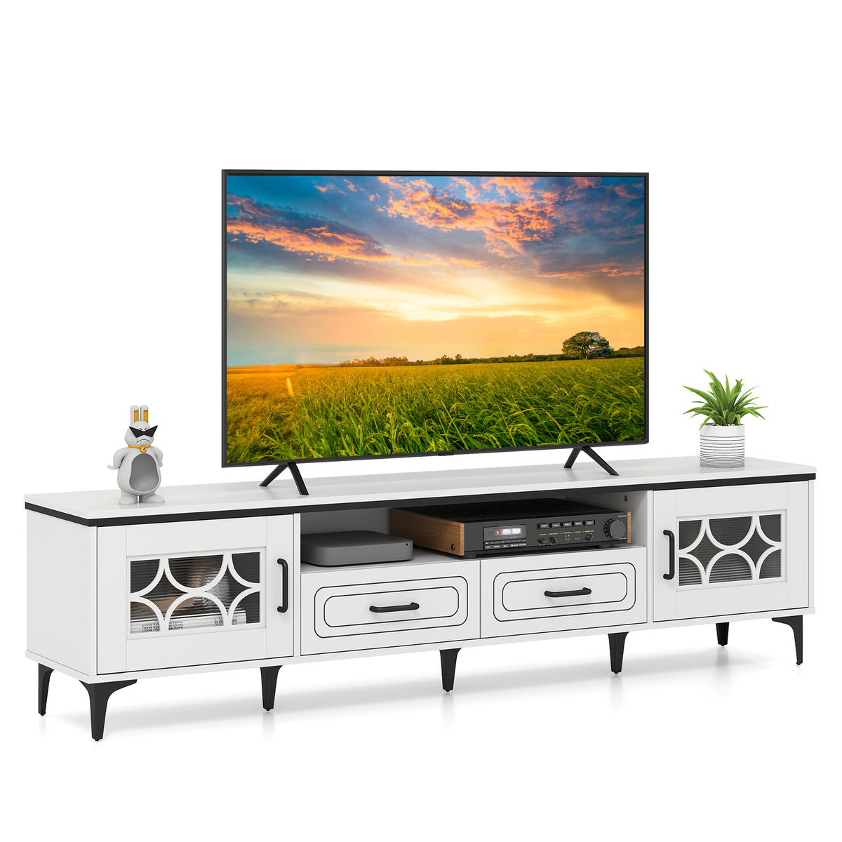 Farmhouse TV Stand for TVs up to 80 Inch with 2 Drawers-White-Entertainment Centers & TV Stands-DECOROLALA