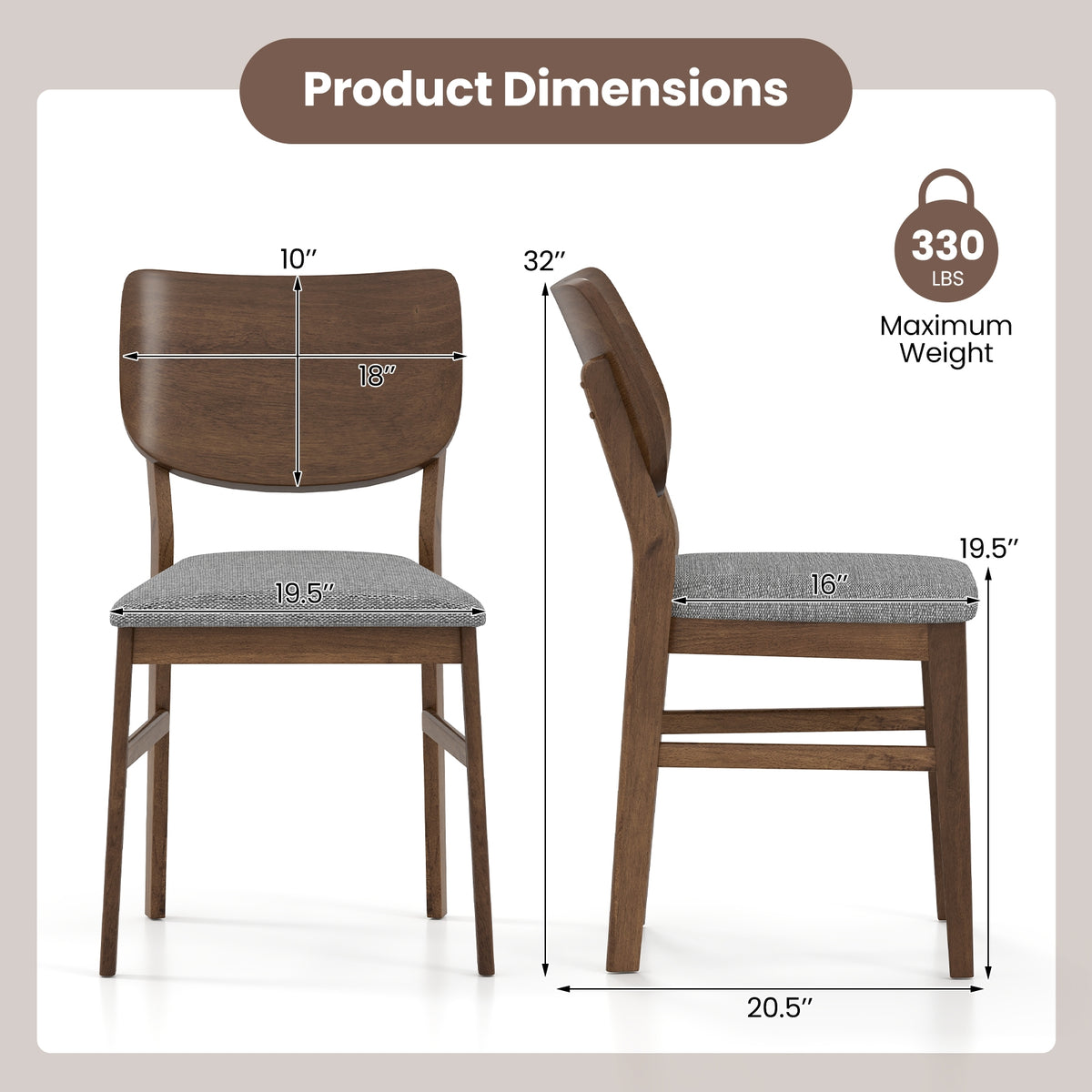 Farmhouse Upholstered Kitchen Chairs Set of 2 with Rubber Wood Frame-Gray-Dining Chairs-DECOROLALA