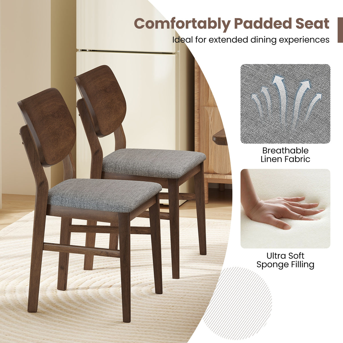 Farmhouse Upholstered Kitchen Chairs Set of 2 with Rubber Wood Frame-Gray-Dining Chairs-DECOROLALA