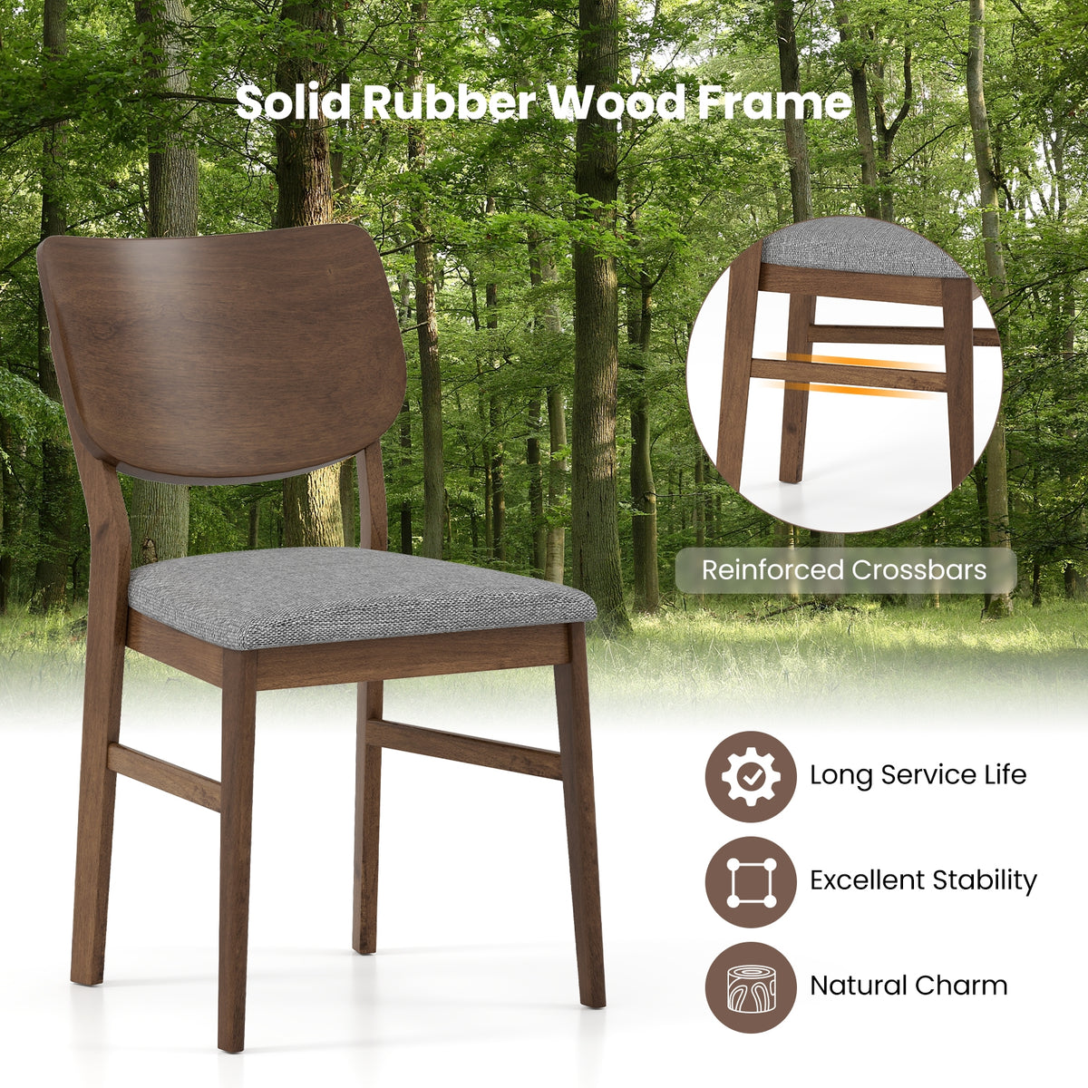 Farmhouse Upholstered Kitchen Chairs Set of 2 with Rubber Wood Frame-Gray-Dining Chairs-DECOROLALA