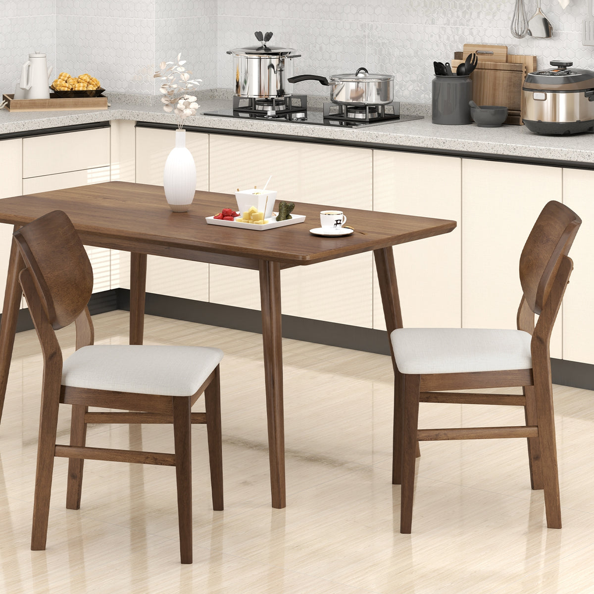 Farmhouse Upholstered Kitchen Chairs Set of 2 with Rubber Wood Frame-Walnut-Dining Chairs-DECOROLALA