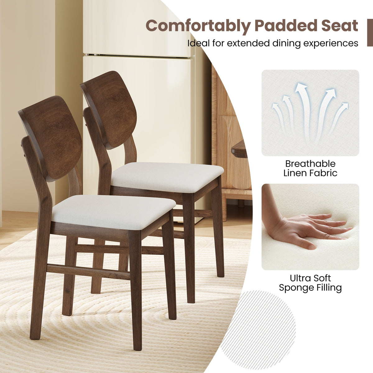 Farmhouse Upholstered Kitchen Chairs Set of 2 with Rubber Wood Frame-Walnut-Dining Chairs-DECOROLALA