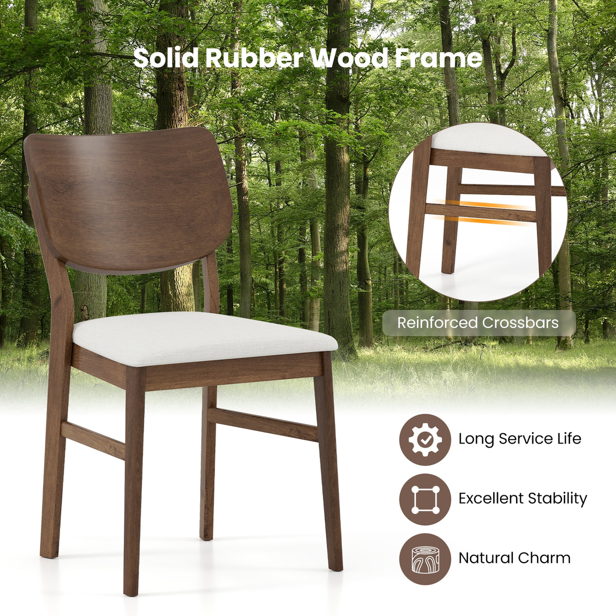 Farmhouse Upholstered Kitchen Chairs Set of 2 with Rubber Wood Frame-Walnut-Dining Chairs-DECOROLALA