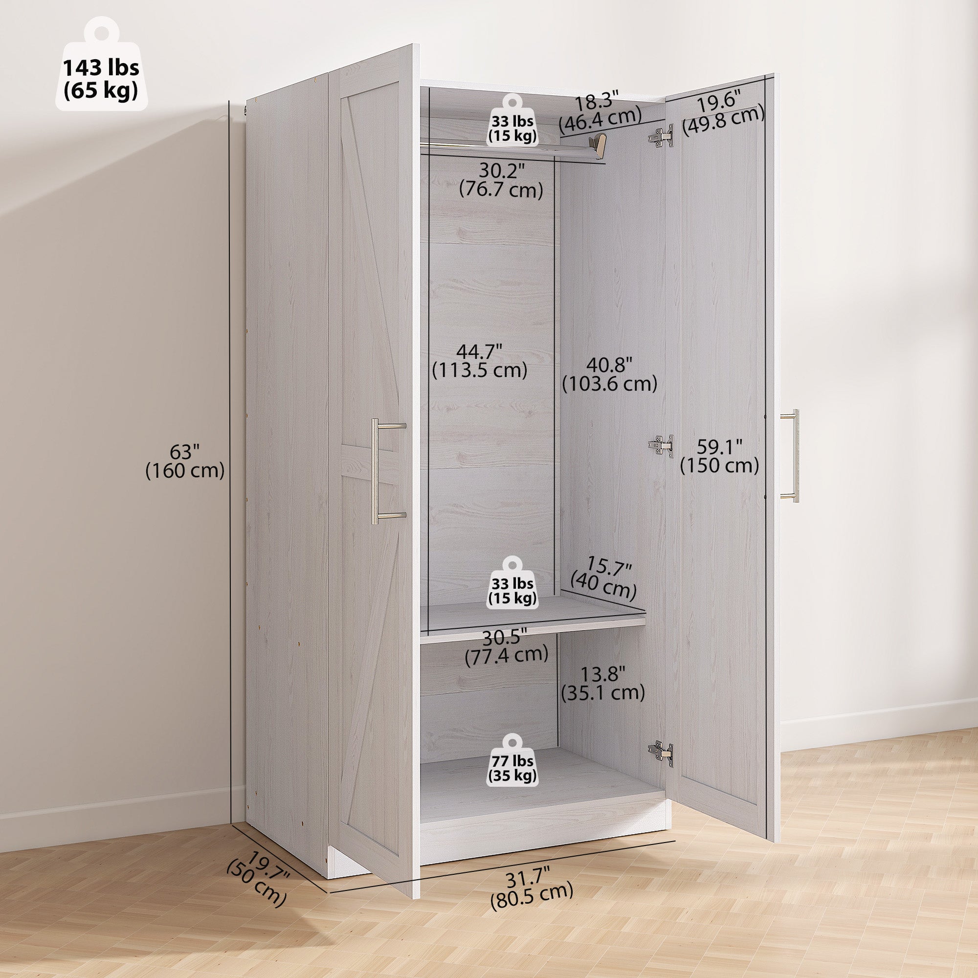 Farmhouse Wardrobe Cabinet - White Wood Effect 32" W-DECOROLALA