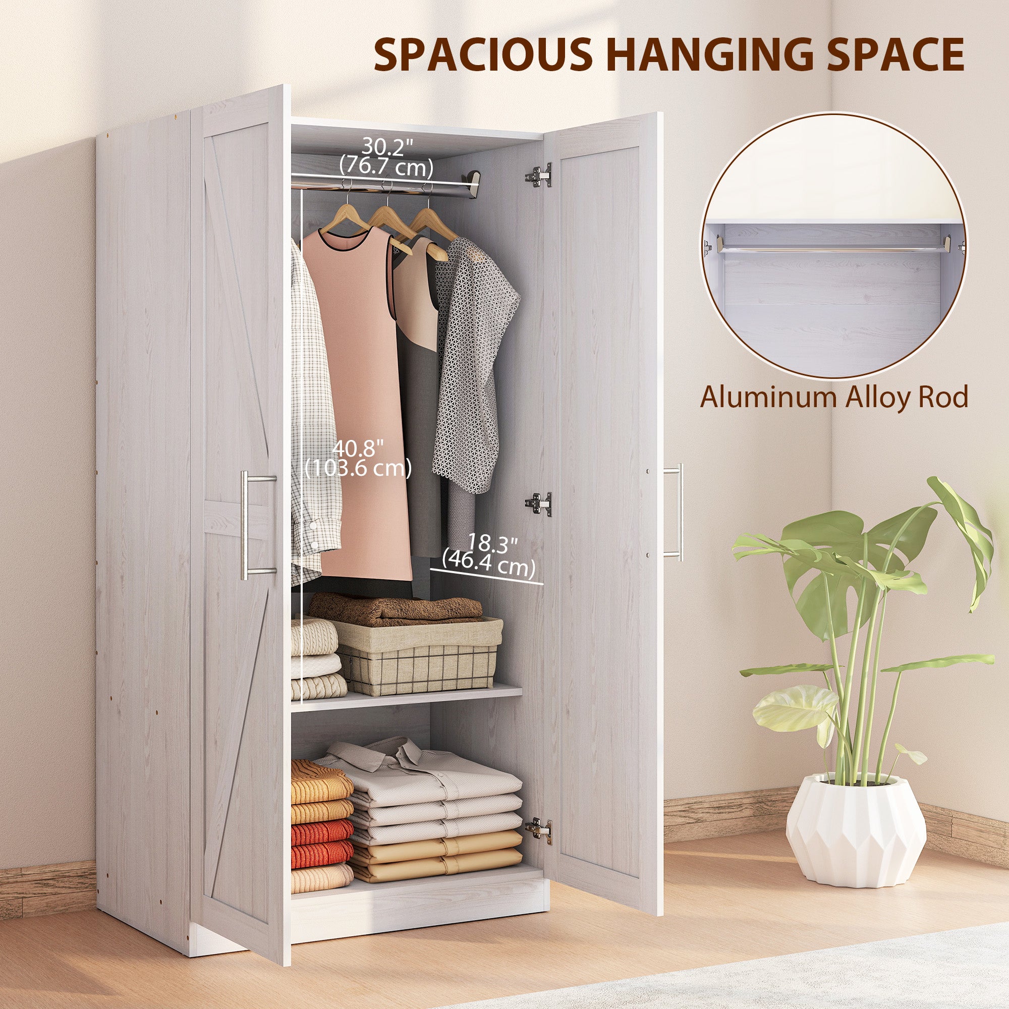 Farmhouse Wardrobe Cabinet - White Wood Effect 32" W-DECOROLALA
