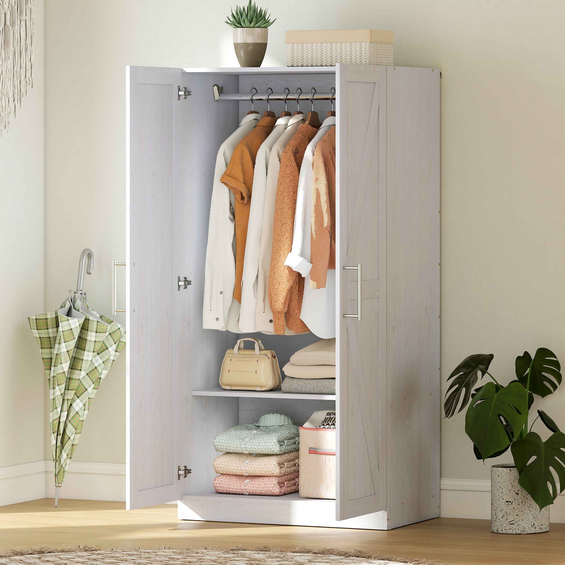 Farmhouse Wardrobe Cabinet - White Wood Effect 32" W-DECOROLALA