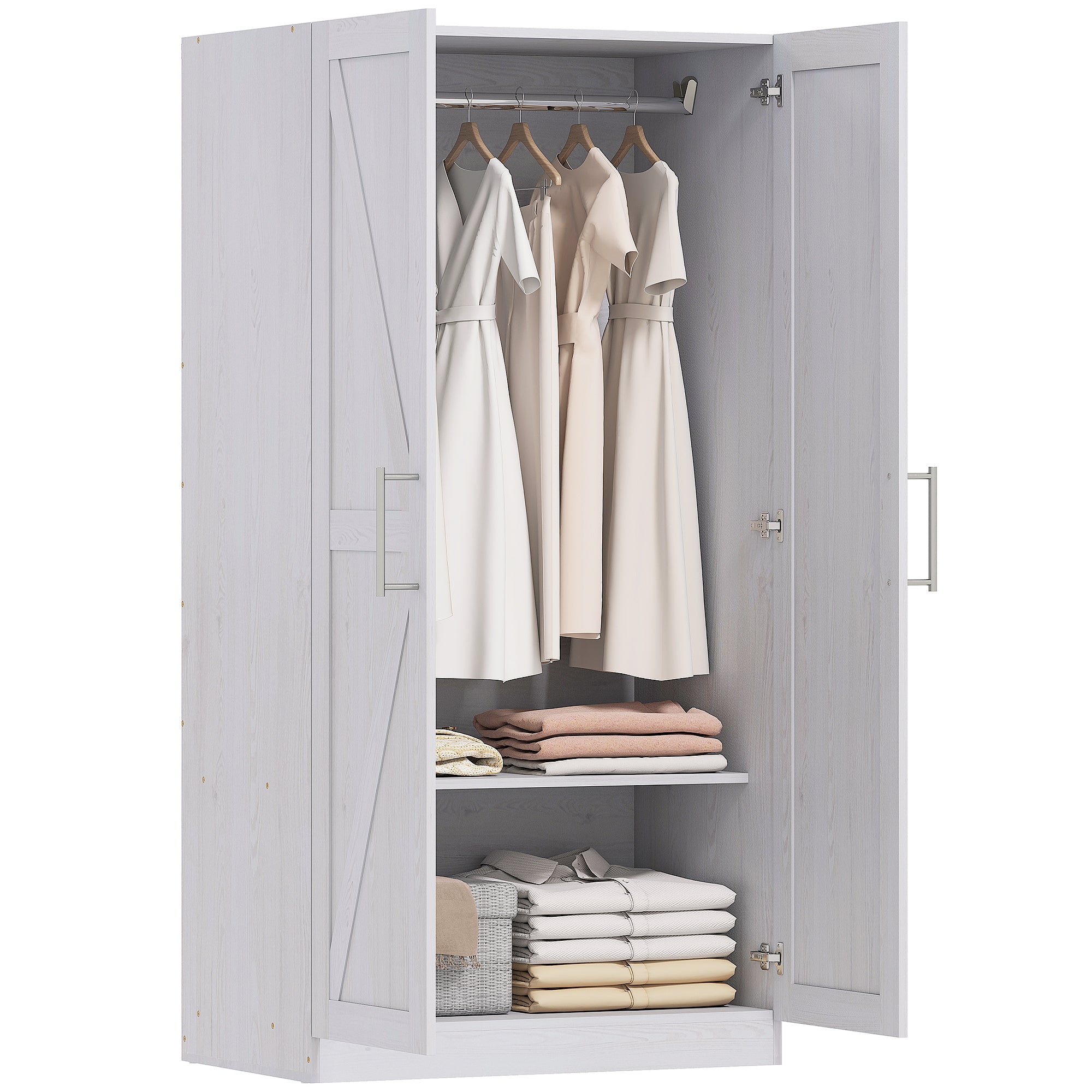 Farmhouse Wardrobe Cabinet - White Wood Effect 32" W-DECOROLALA