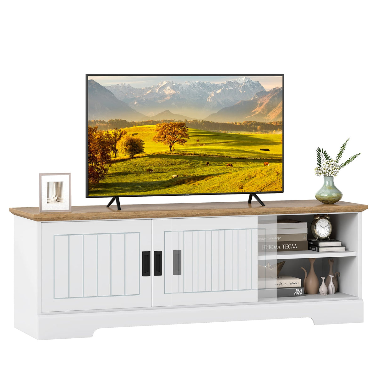 Farmhouse TV Stand for TVs up to 65 Inch with Sliding Doors and Storage Cabinets-White-Entertainment Centers & TV Stands-DECOROLALA