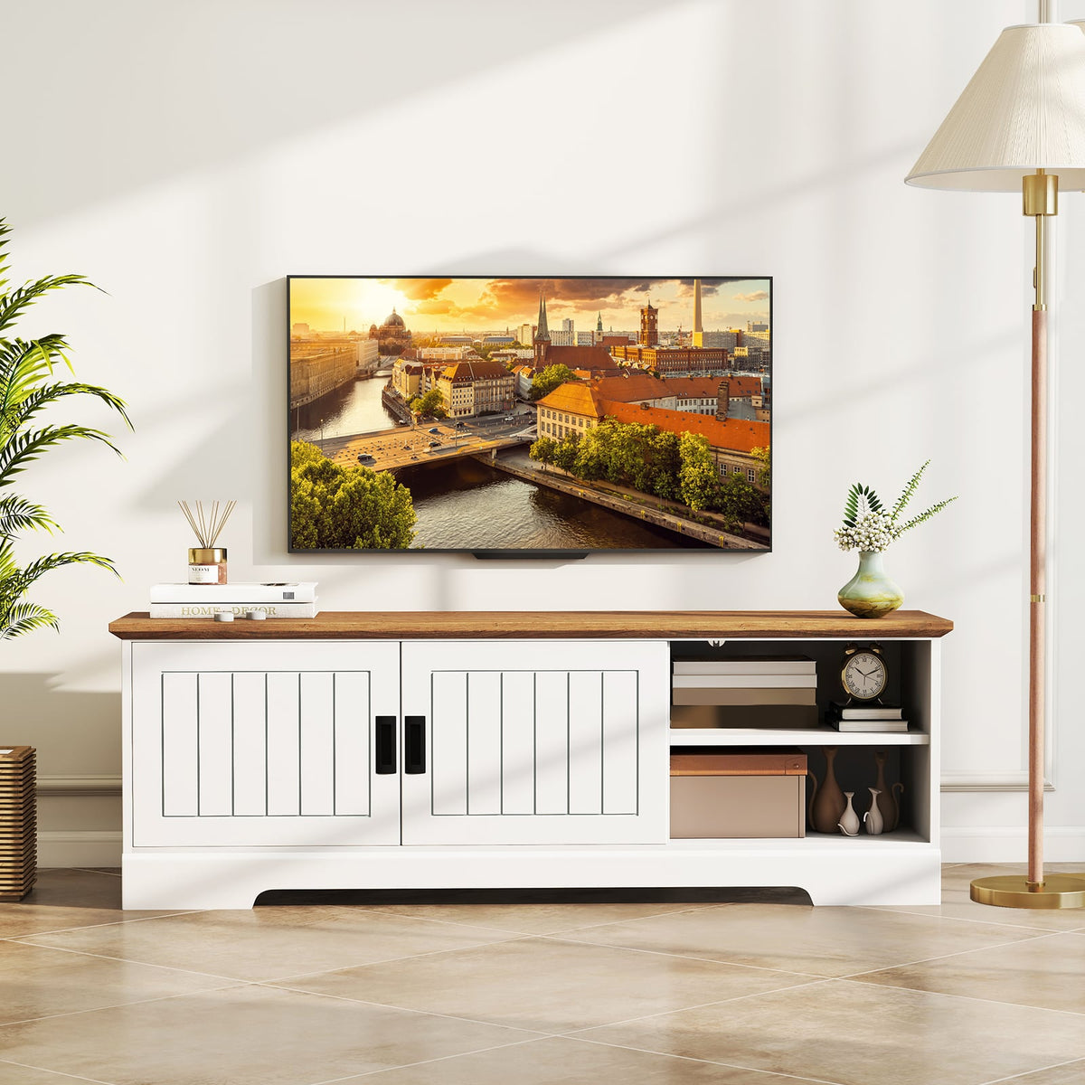 Farmhouse TV Stand for TVs up to 65 Inch with Sliding Doors and Storage Cabinets-White-Entertainment Centers & TV Stands-DECOROLALA