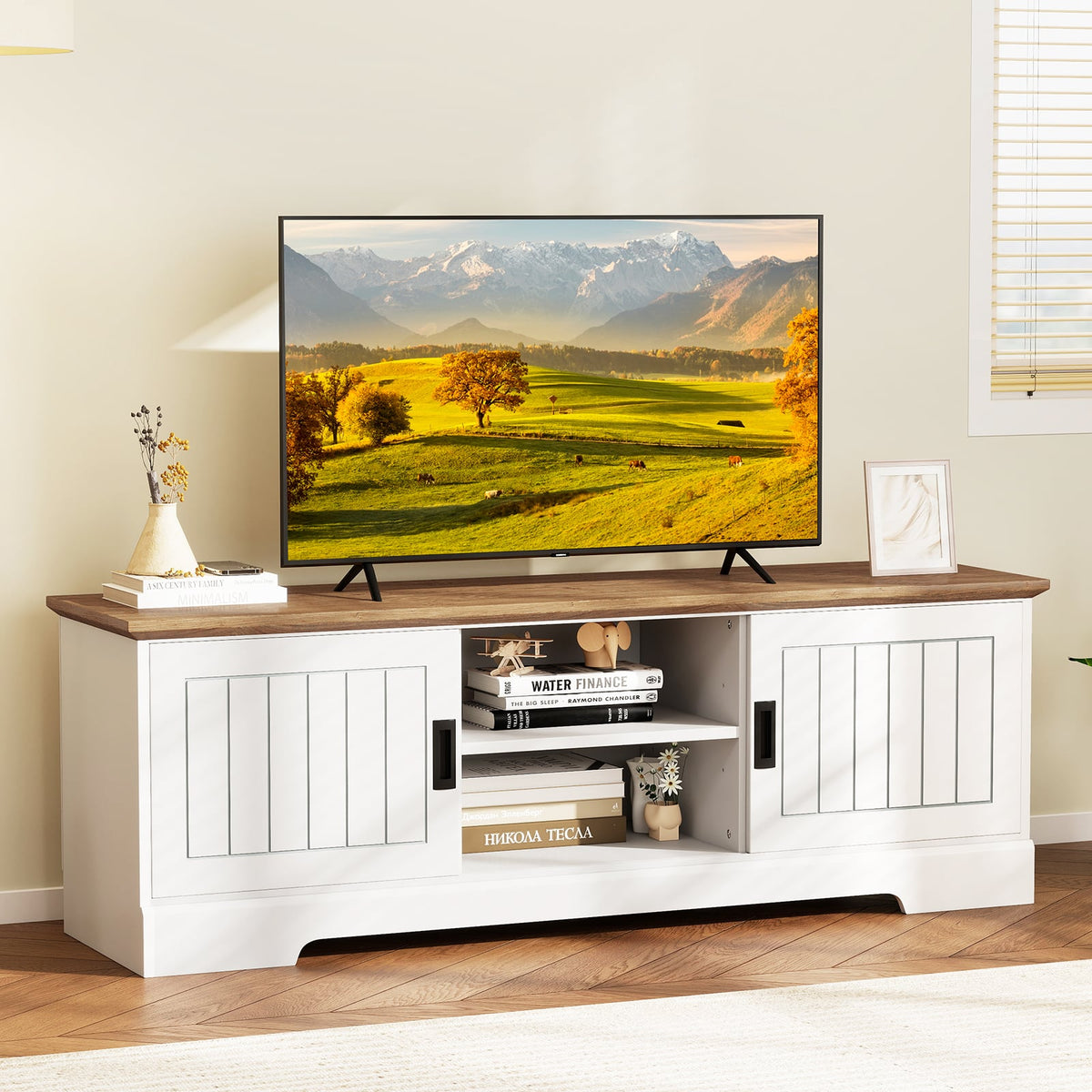 Farmhouse TV Stand for TVs up to 65 Inch with Sliding Doors and Storage Cabinets-White-Entertainment Centers & TV Stands-DECOROLALA