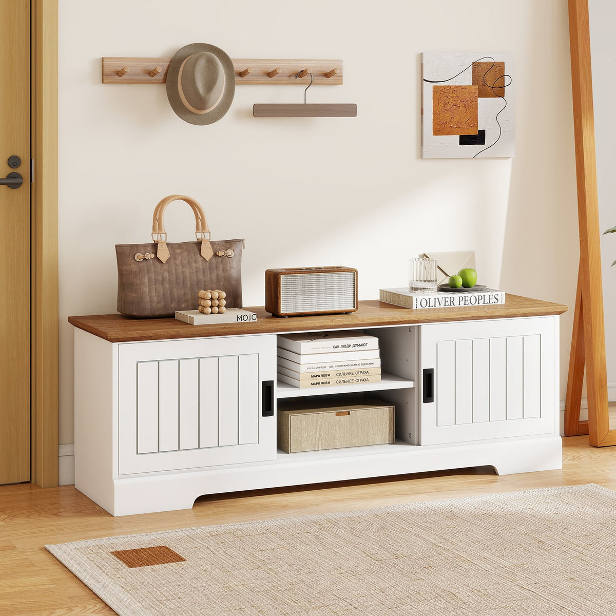 Farmhouse TV Stand for TVs up to 65 Inch with Sliding Doors and Storage Cabinets-White-Entertainment Centers & TV Stands-DECOROLALA